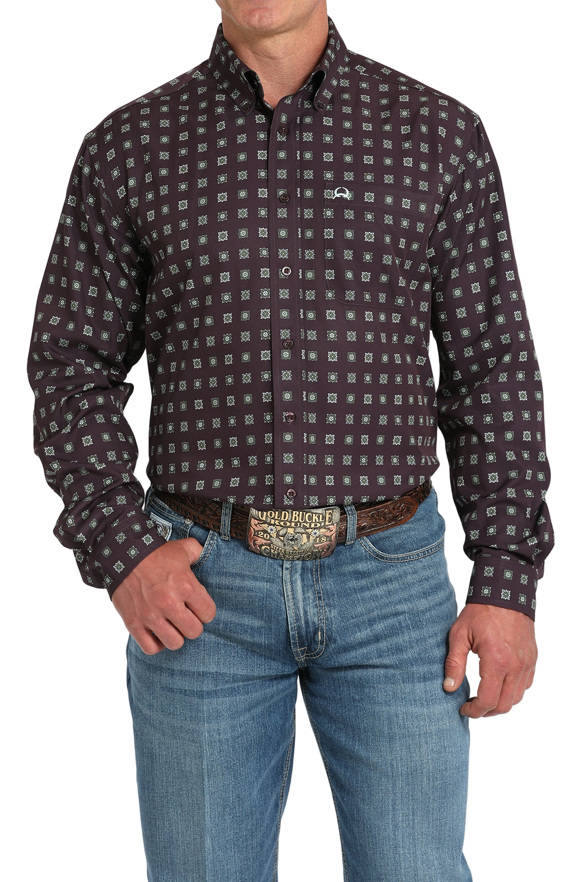 Man wearing a patterned long sleeve button-down shirt and jeans on a transparent background
