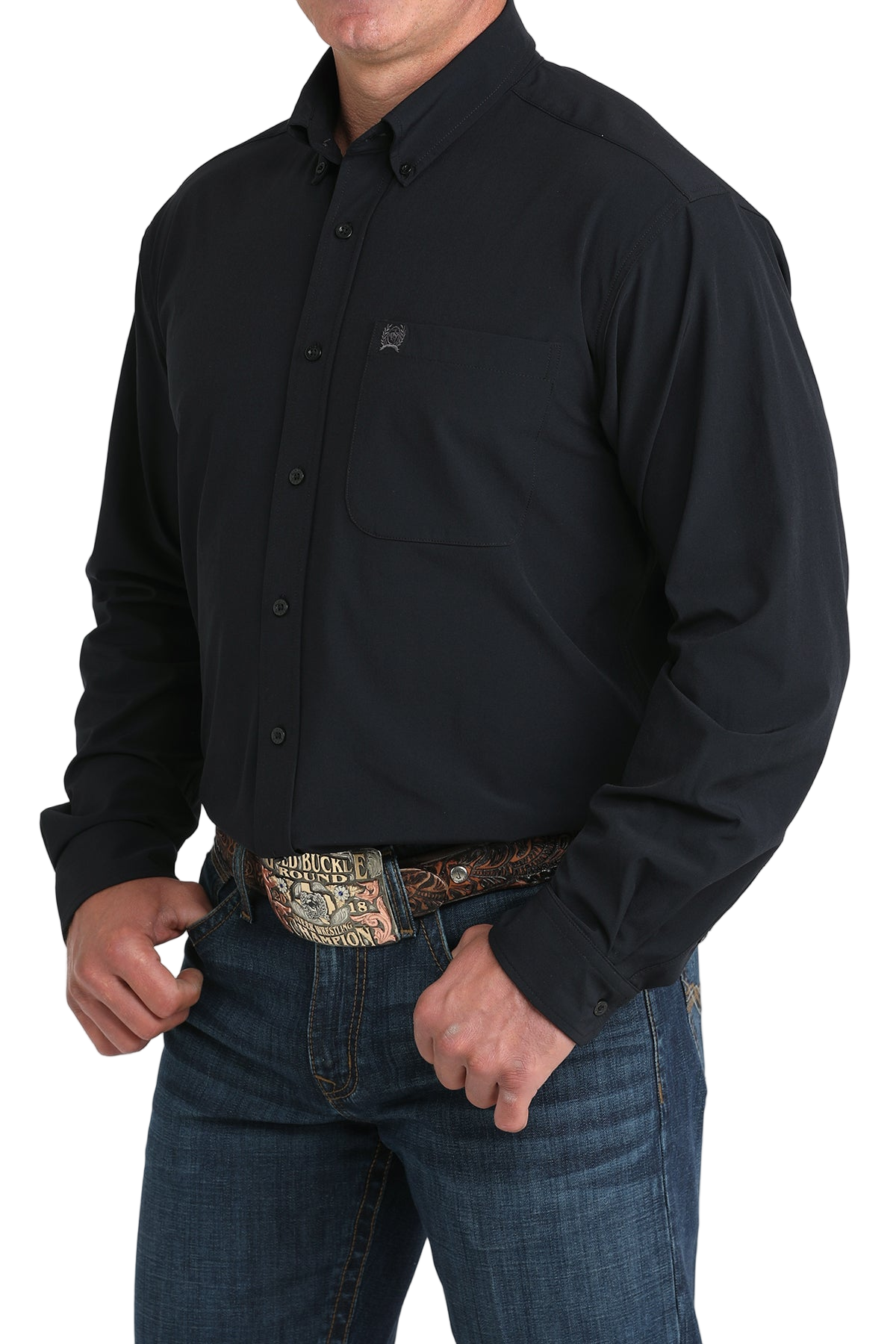Man wearing a black long sleeve button-down shirt and jeans on a transparent background