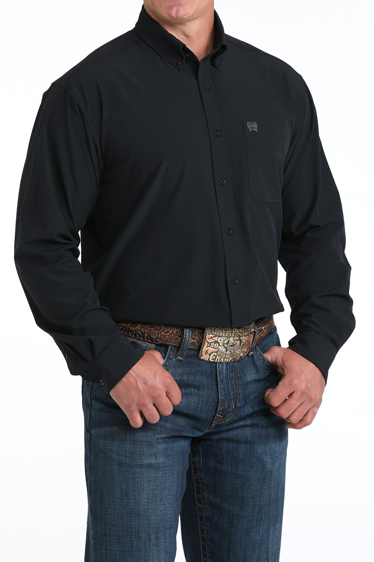 Black button-up shirt worn by a person on a white background