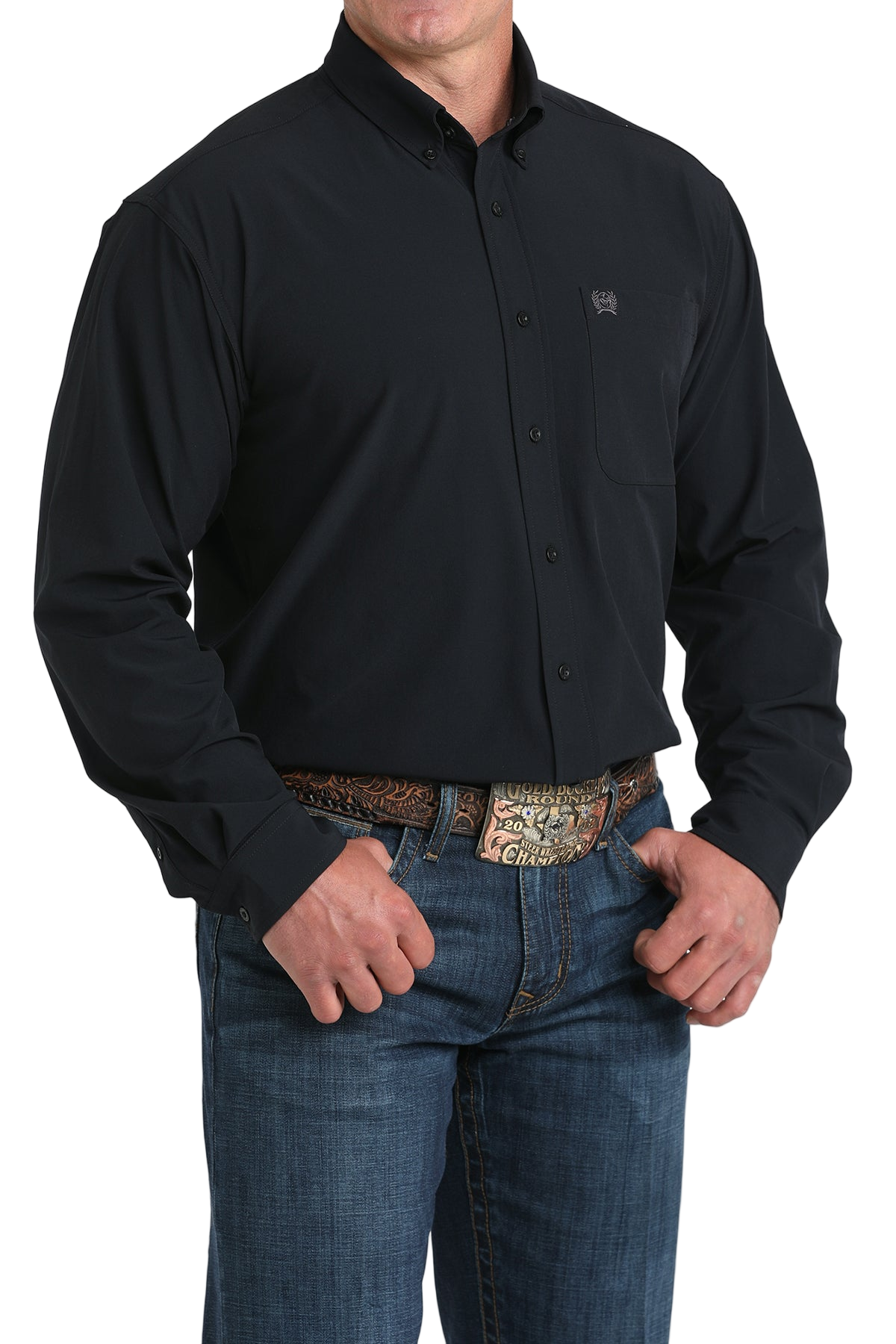 Man wearing a black long sleeve button-down shirt and jeans on a transparent background