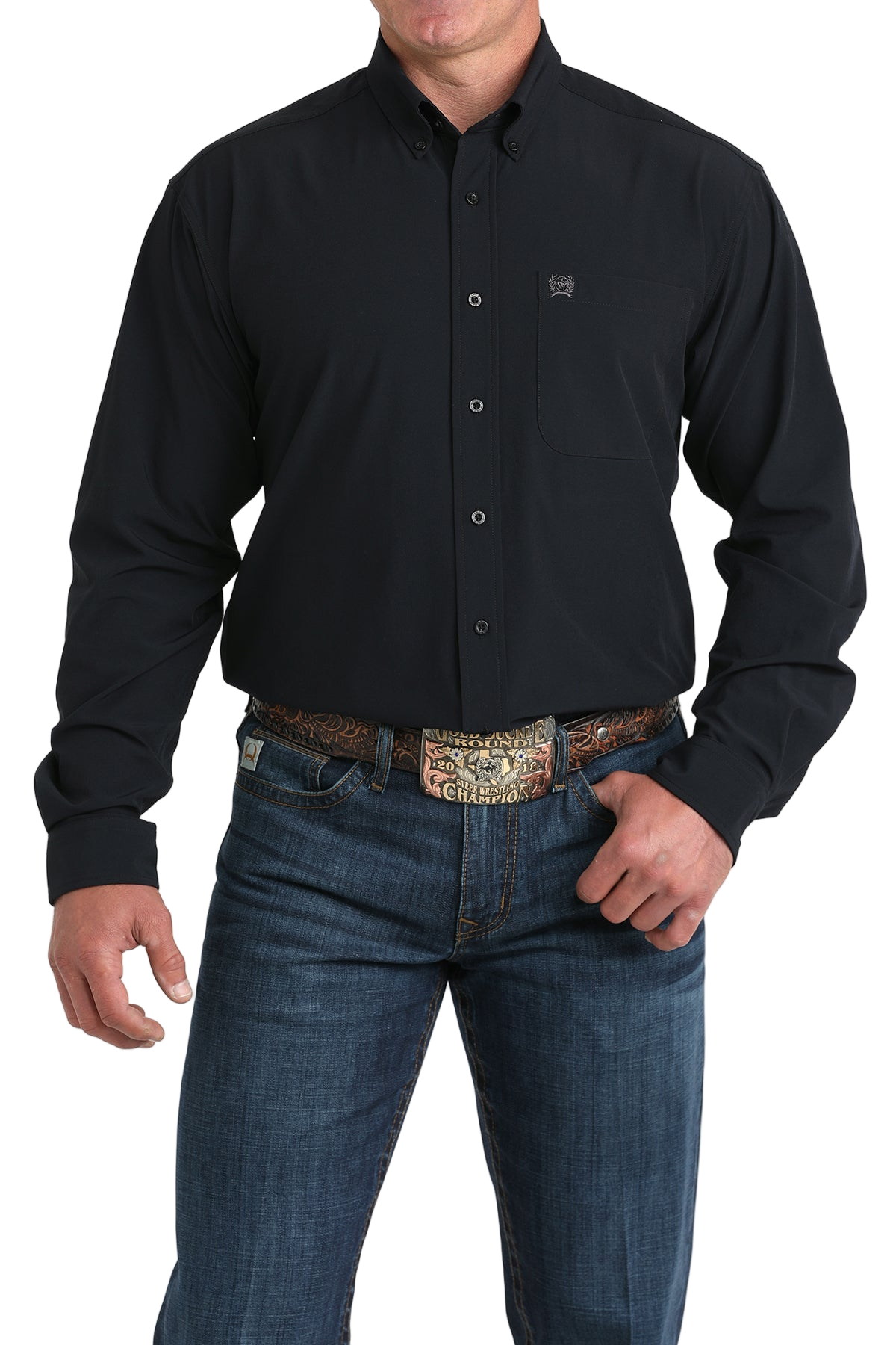 Man wearing a black long sleeve button-down shirt and jeans on a transparent background