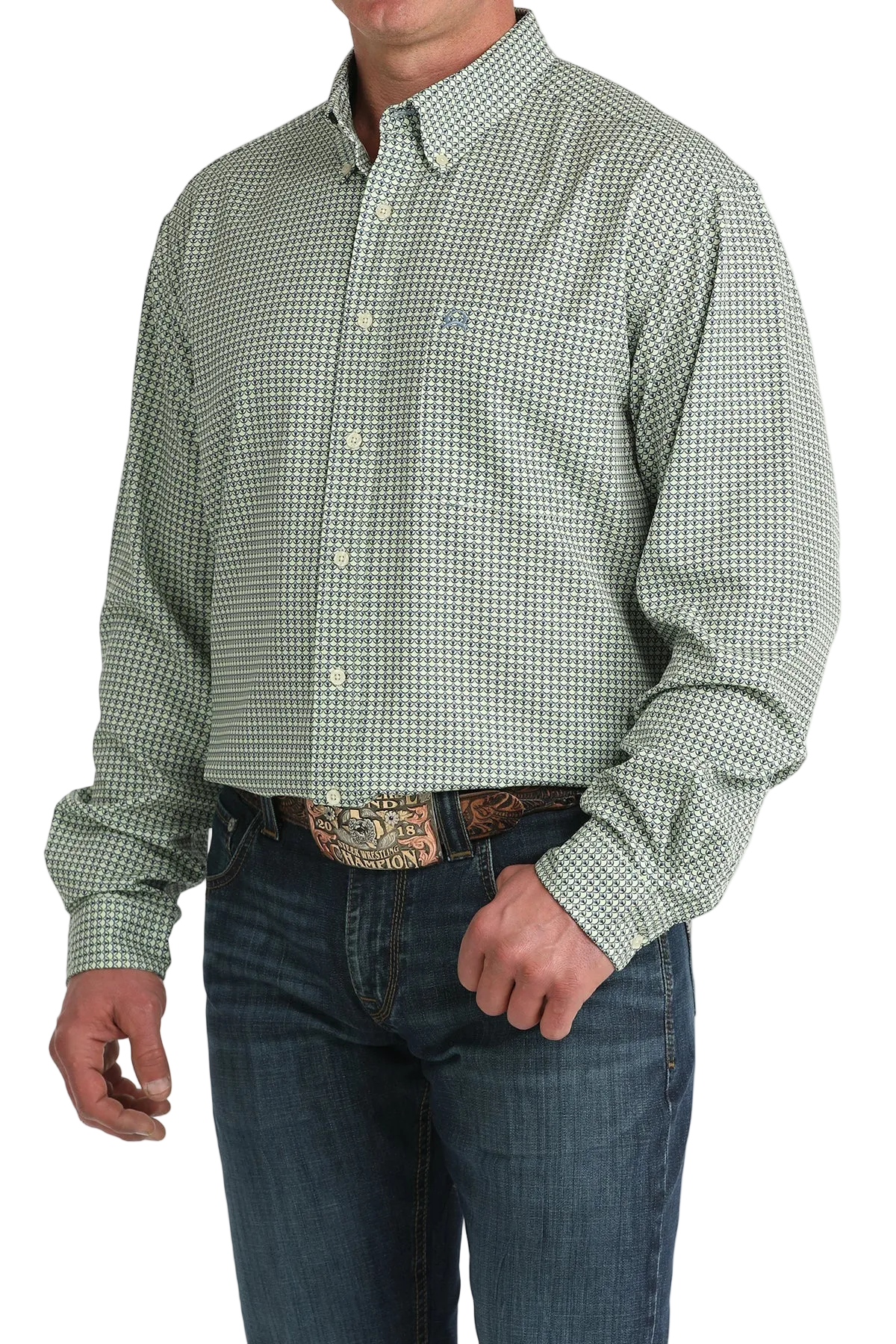 Man wearing a green checkered shirt and jeans on a white background