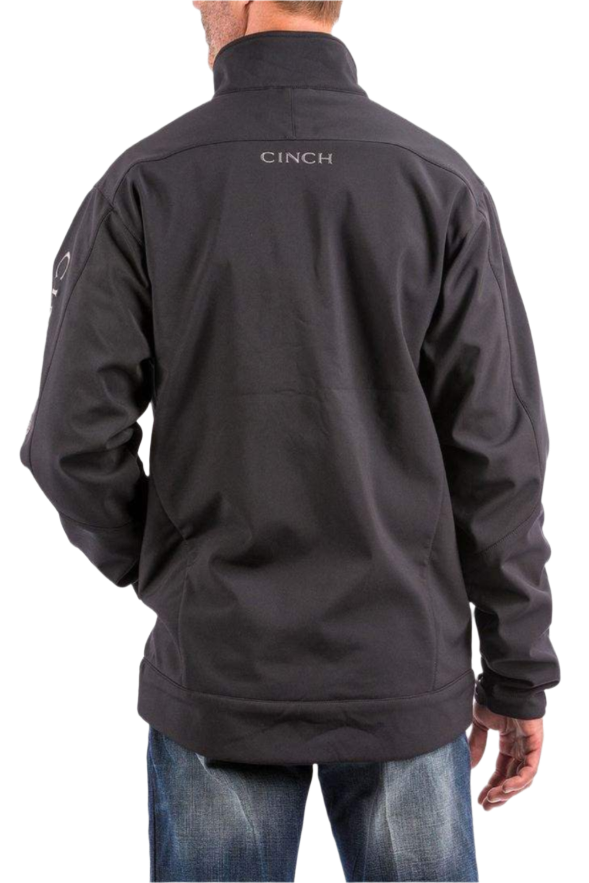 Back view of men’s black Cinch softshell jacket with clean, structured design