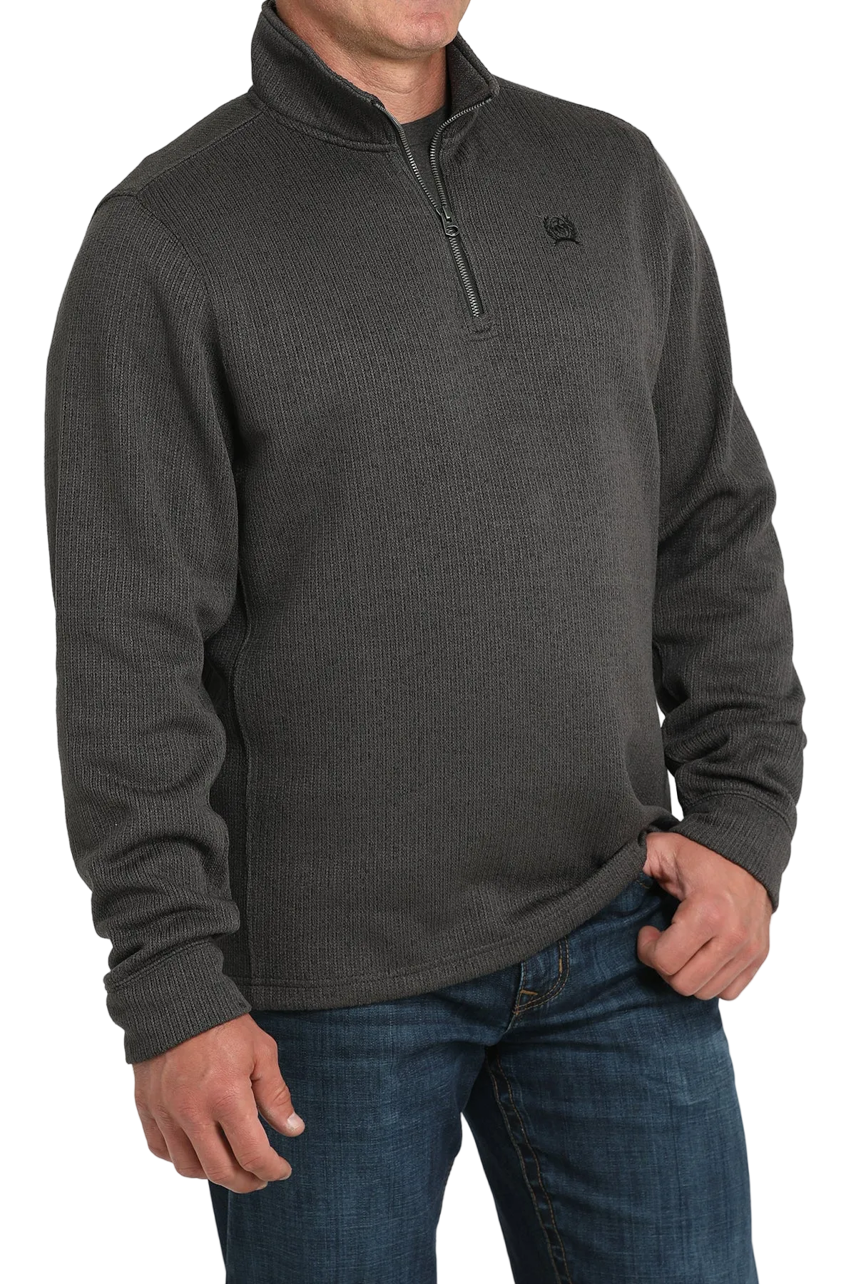 Man wearing a dark gray quarter-zip sweater with a logo on a white background