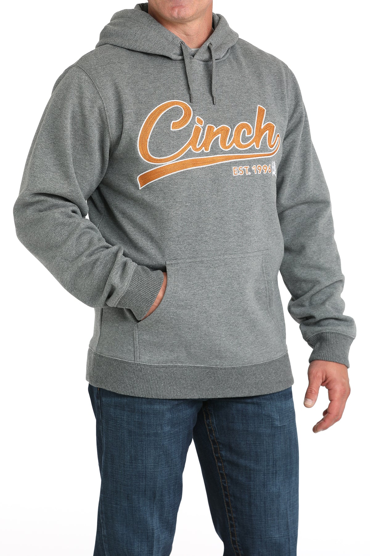 Gray hoodie with 'Cinch' logo worn by a person on a white background