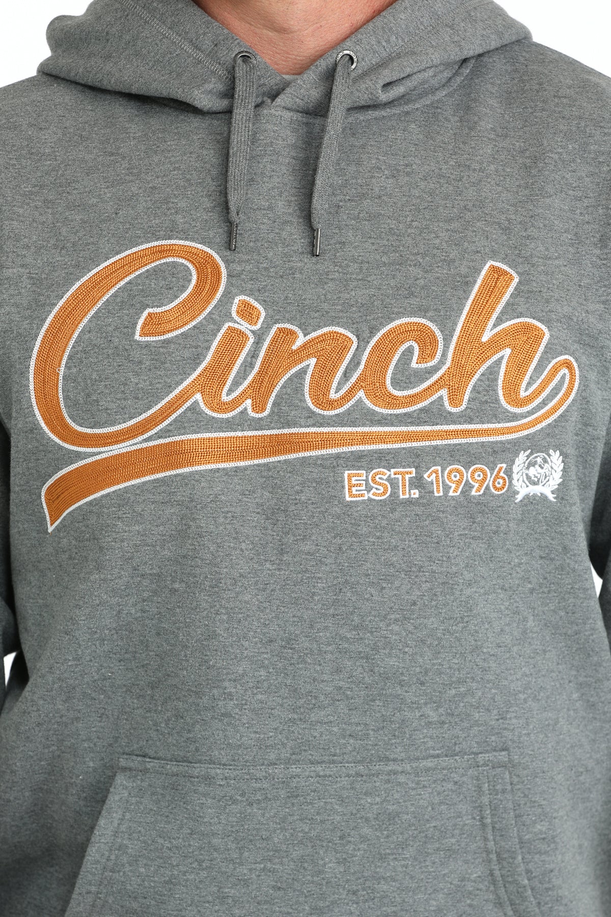 Gray hoodie with 'Cinch' logo and text on a plain background