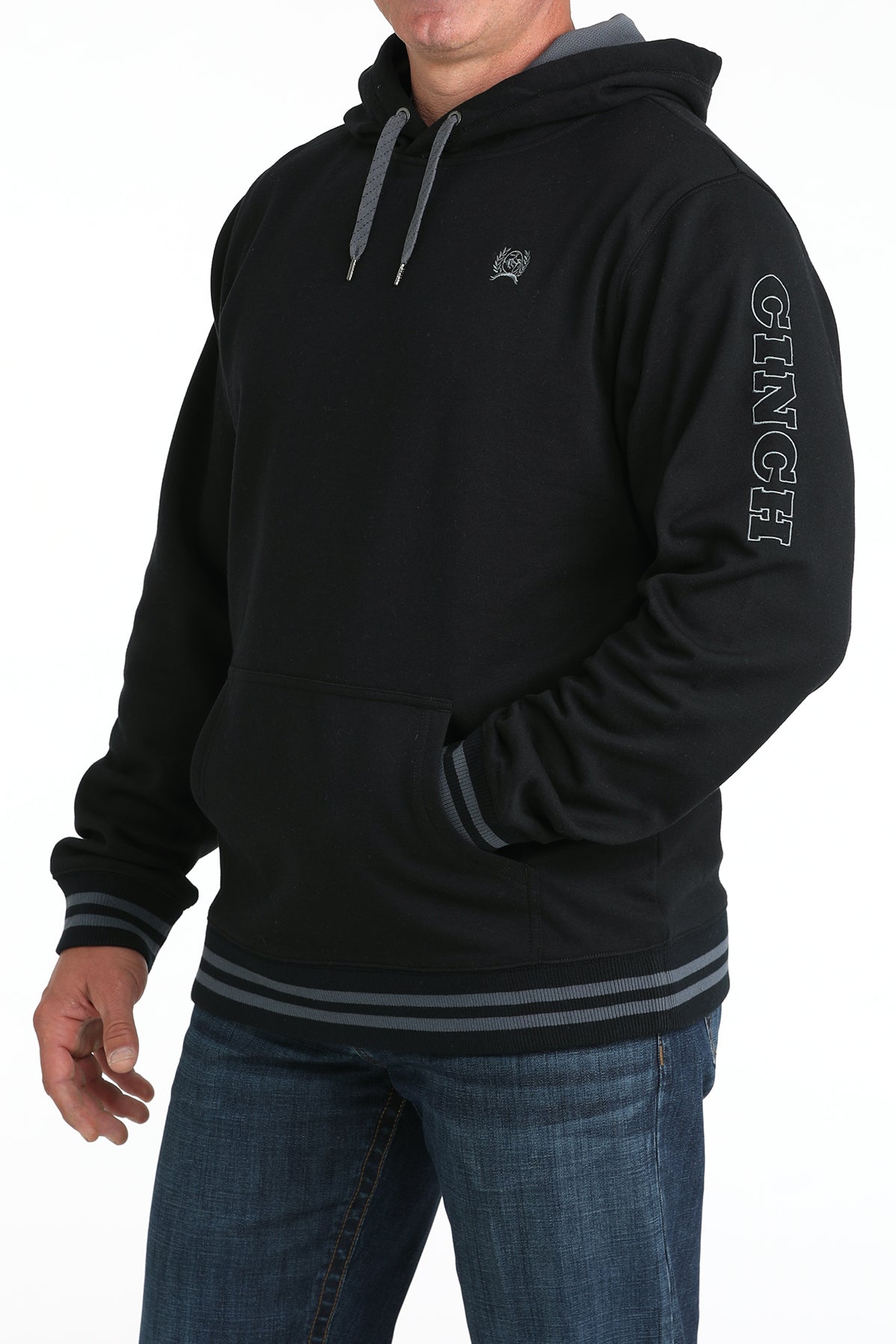 Black hoodie with branding on a white background