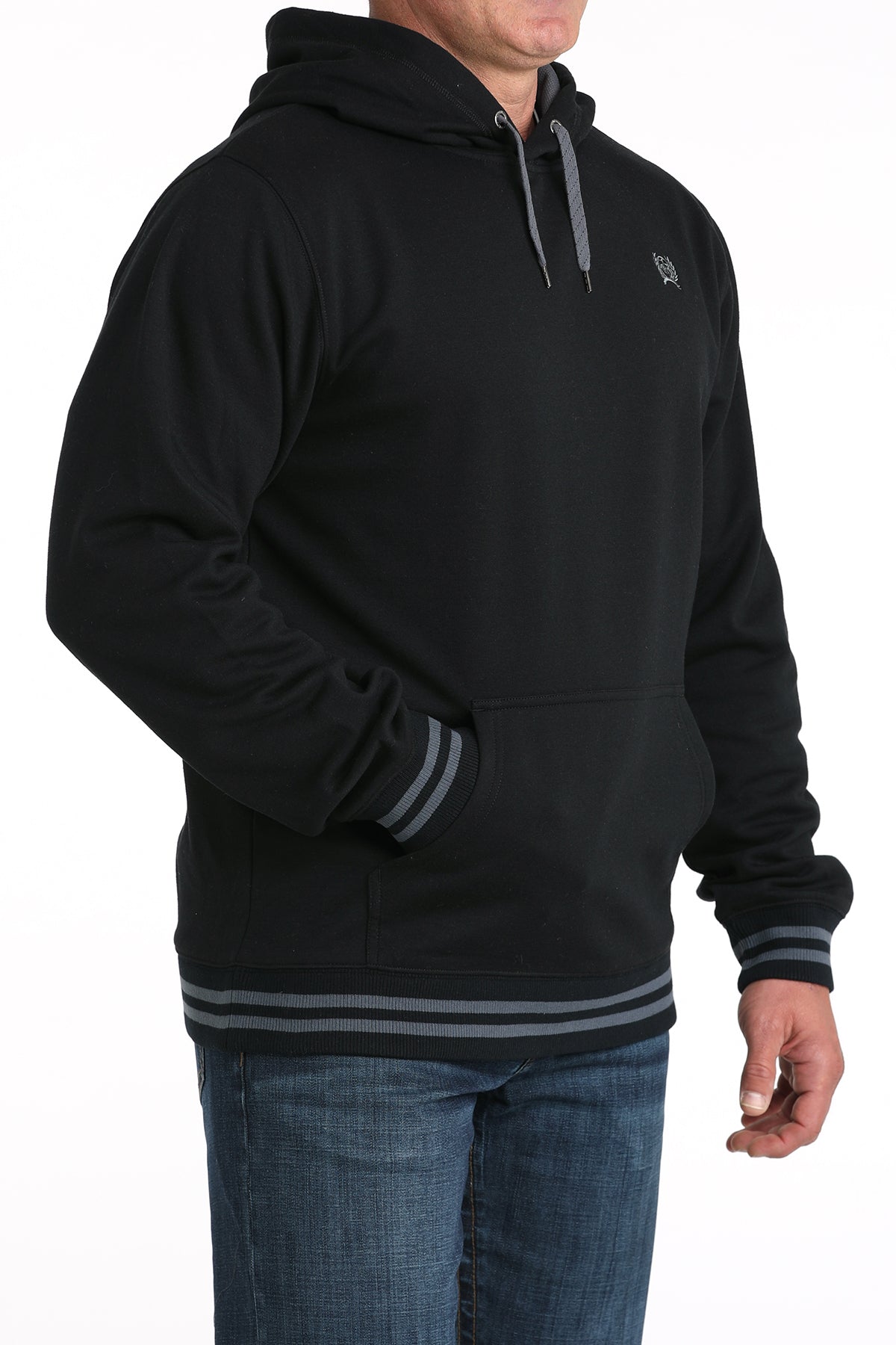 Black hoodie with gray accents worn by a person on a white background