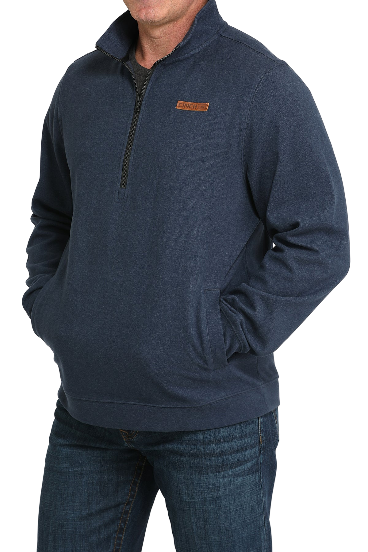 Navy blue pullover with a brand logo on a white background