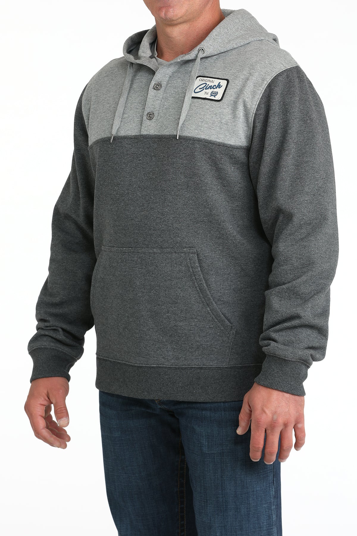 Gray and black hoodie with a brand logo on a white background
