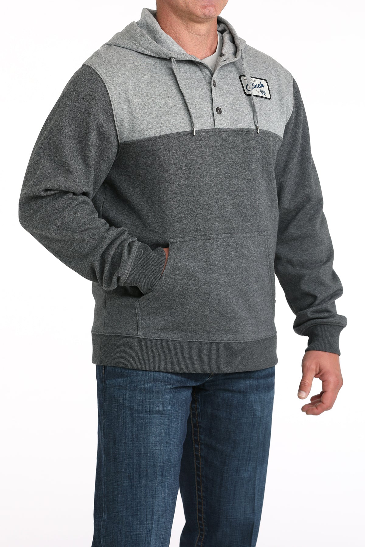 Gray and black pullover hoodie with a brand logo on a white background