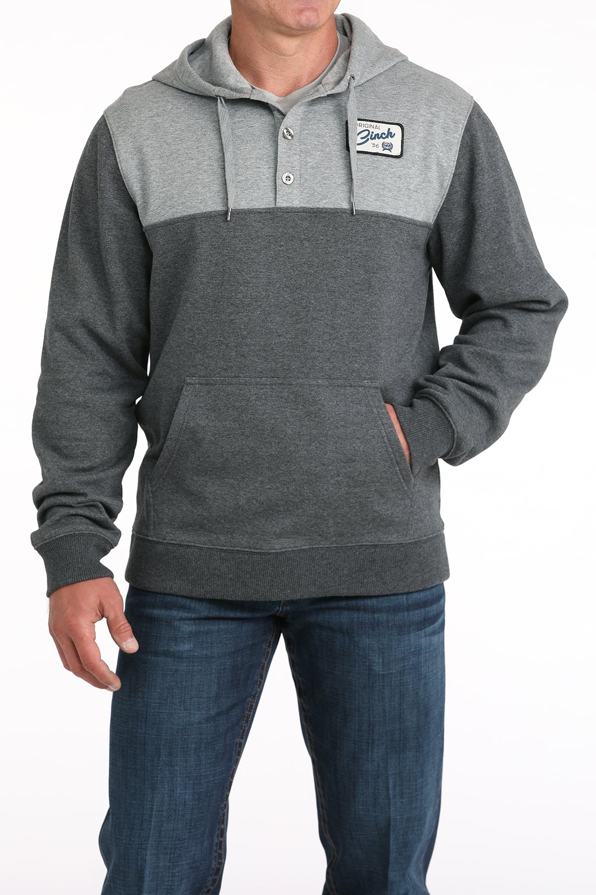 Gray and black hoodie with a brand logo on a white background
