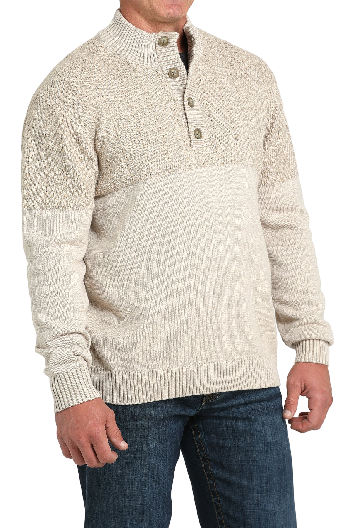 Man wearing a beige half-zip sweater with buttons on a white background