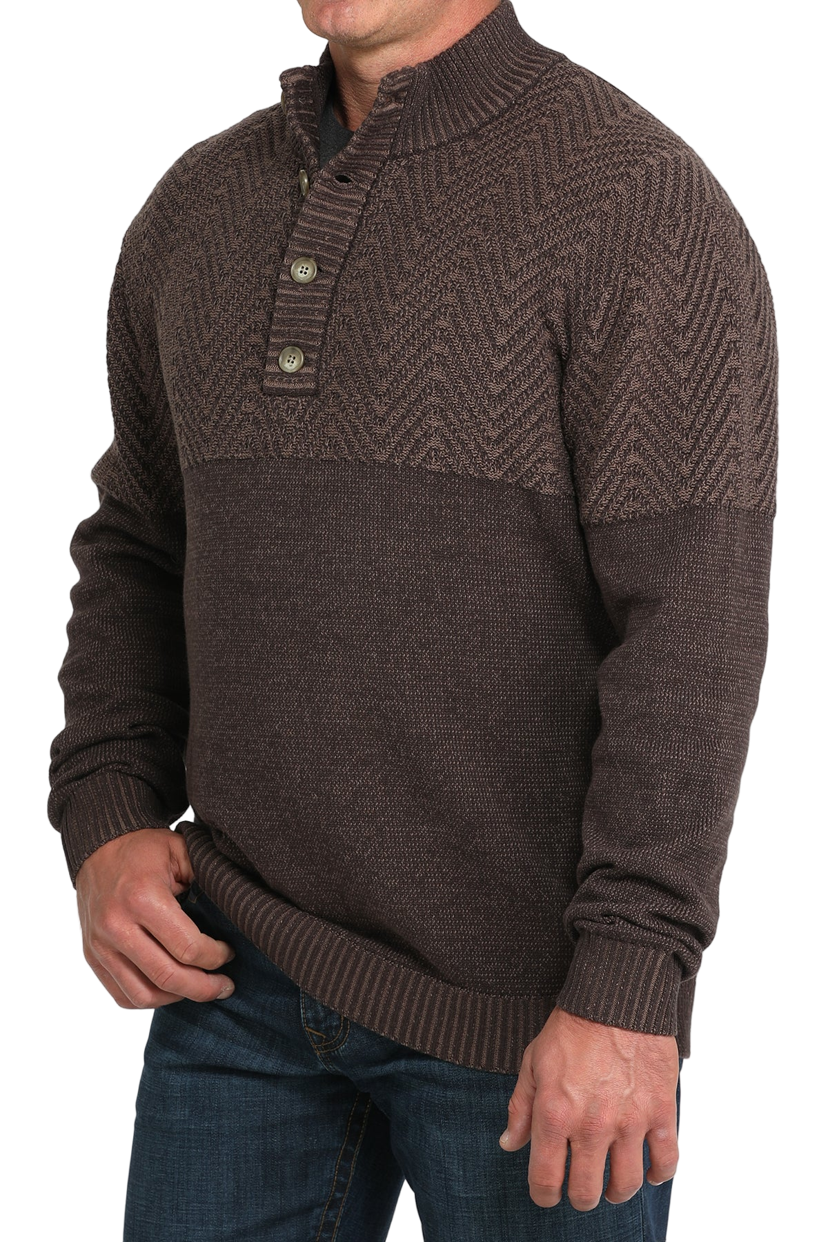 Man wearing a brown half-zip sweater with buttons on a white background