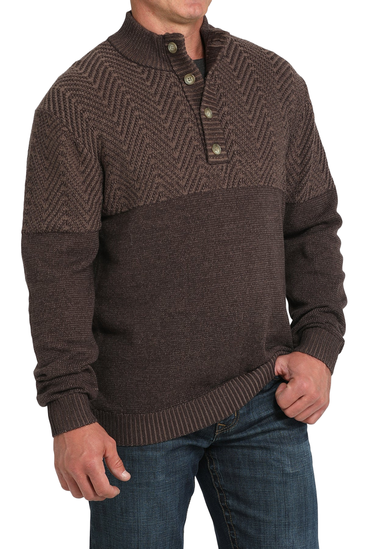 Man wearing a brown half-zip sweater with buttons on a white background