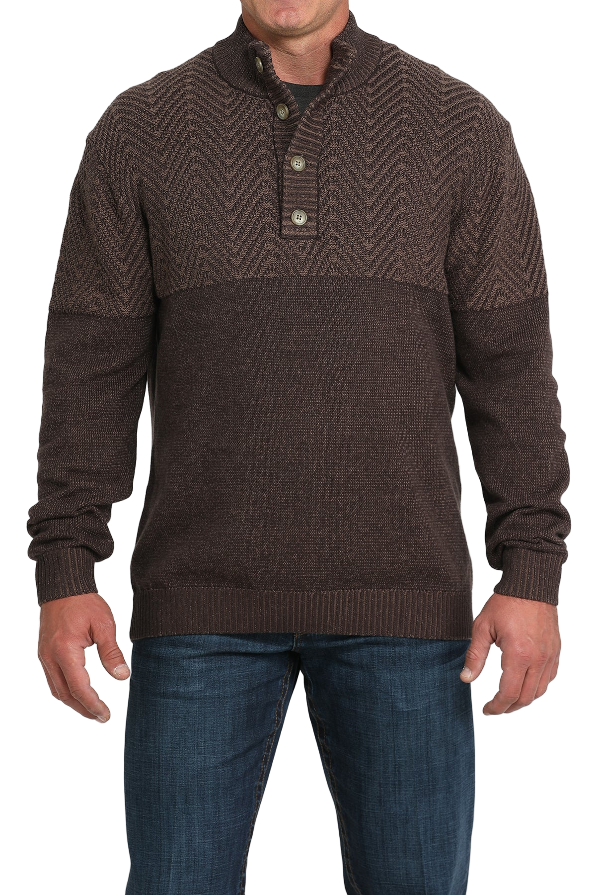 Man wearing a brown half-zip sweater with buttons on a white background