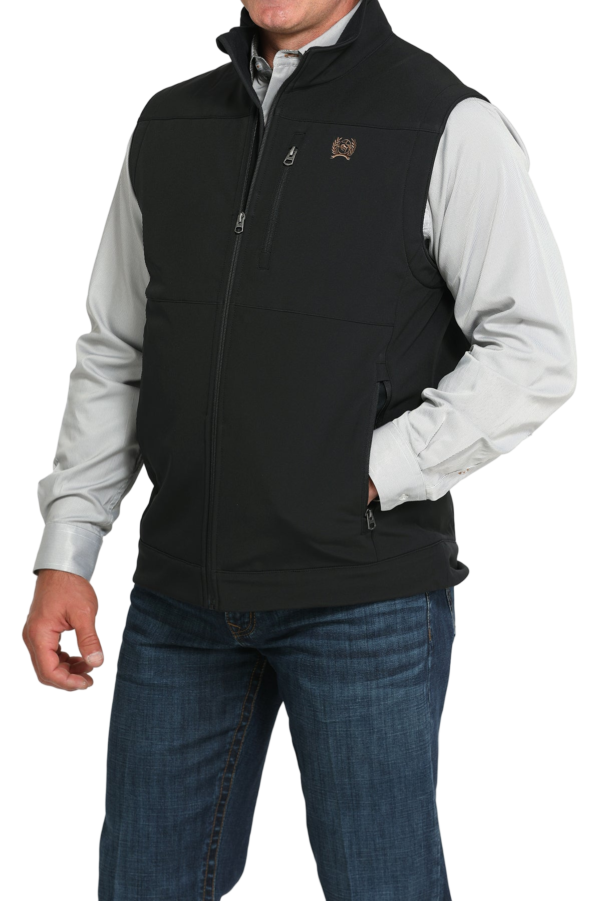 A man wearing a black zip-up vest over a light gray button-down shirt, paired with blue jeans