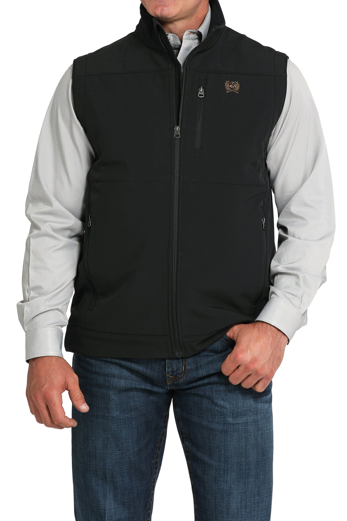 A man wearing a black zip-up vest over a light gray button-down shirt, paired with blue jeans