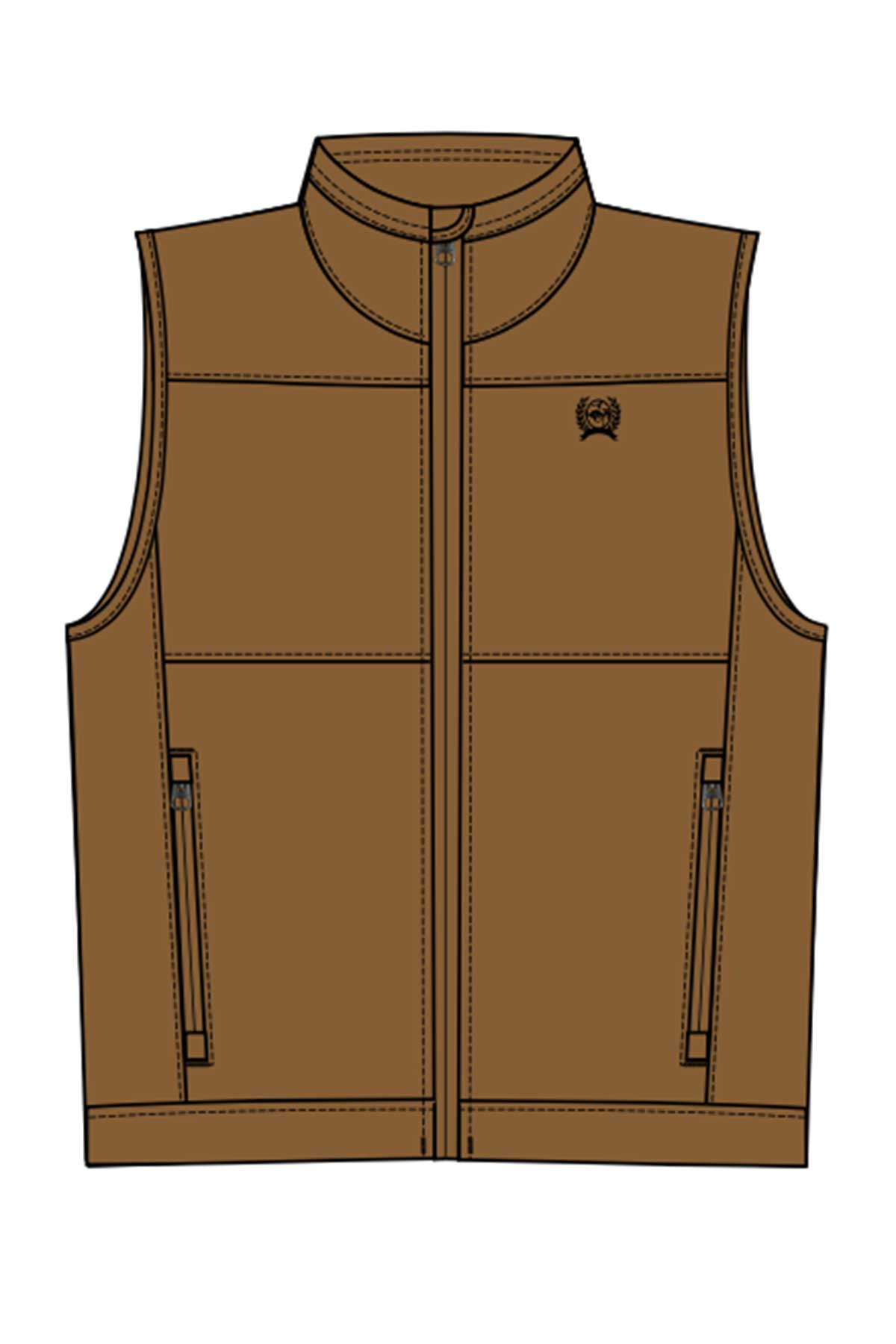 Drawing of a brown sleeveless vest with a front zipper, two zippered pockets, and a small logo on the left chest