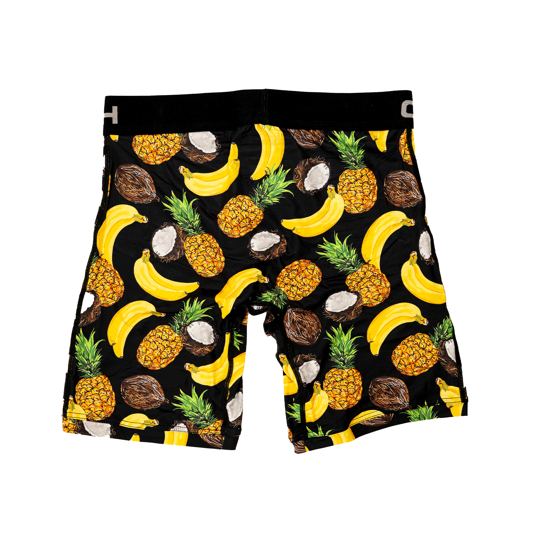 Back view of men's Cinch underwear with a black waistband, featuring an all-over banana, pineapple and coconut pattern