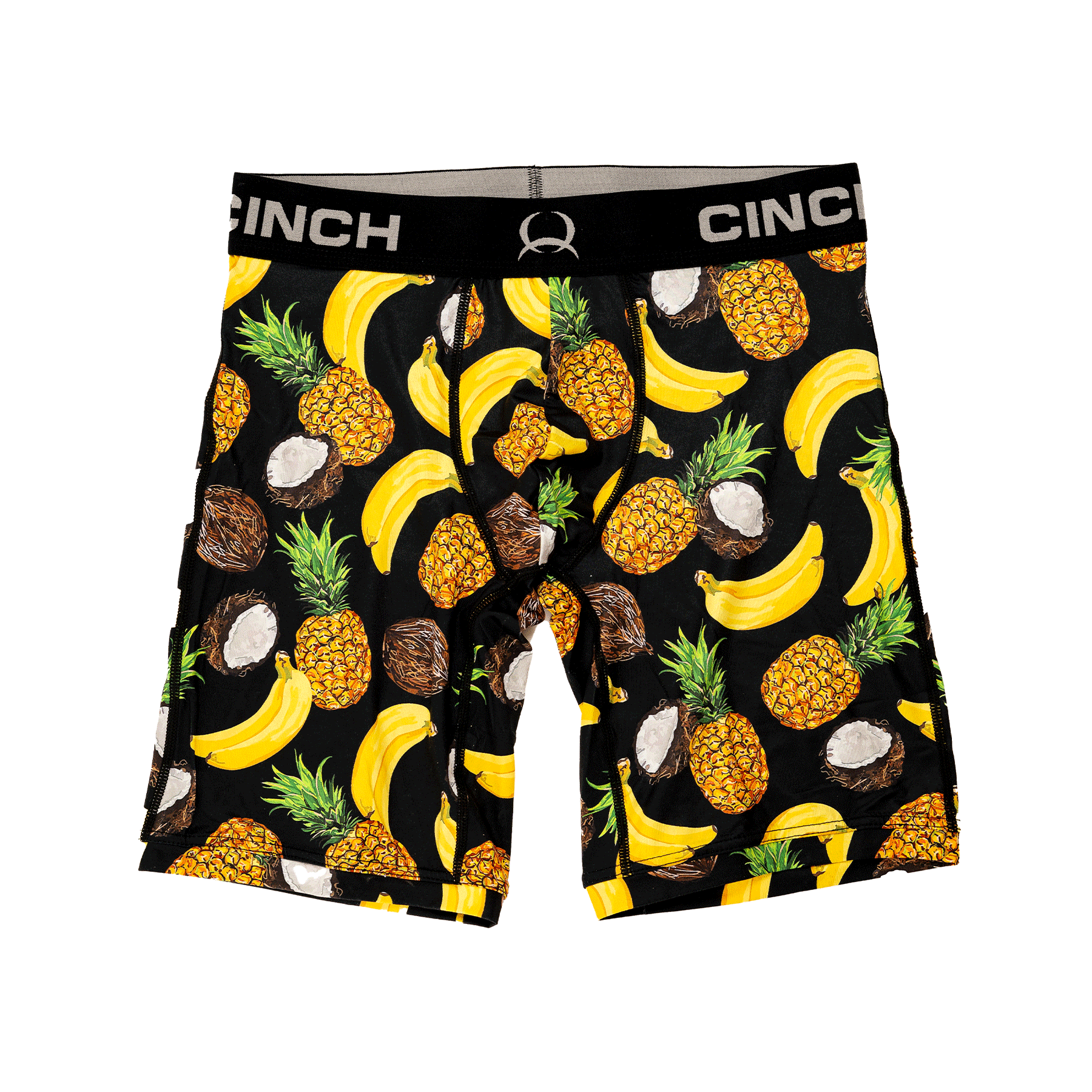 Front view of men's Cinch underwear with a black waistband, featuring an all-over banana, pineapple and coconut pattern