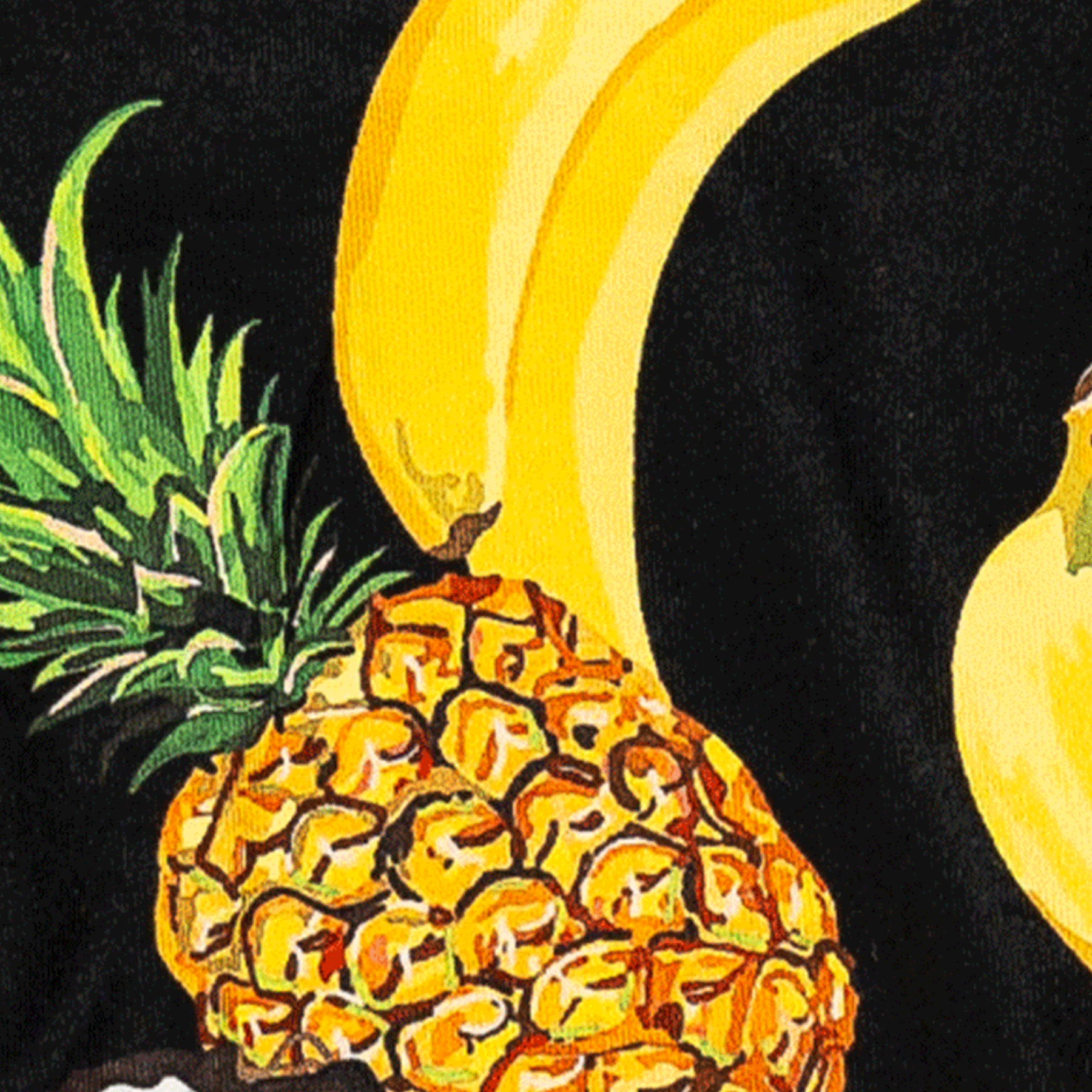 Close-up of men's Cinch underwear featuring an all-over banana, pineapple and coconut pattern