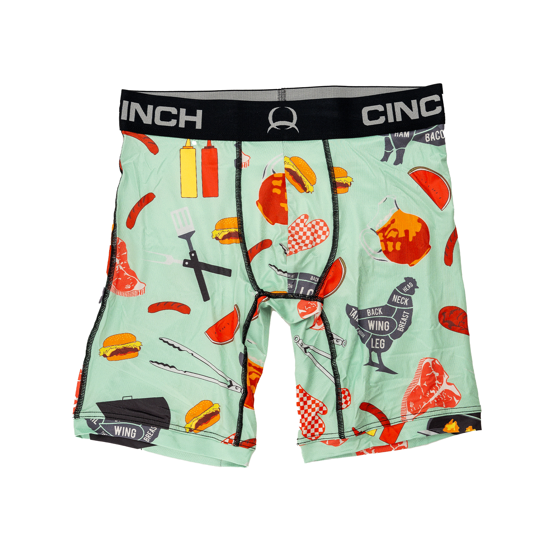 Front view of men's Cinch underwear with a black waistband, featuring an all-over 'BBQing' pattern