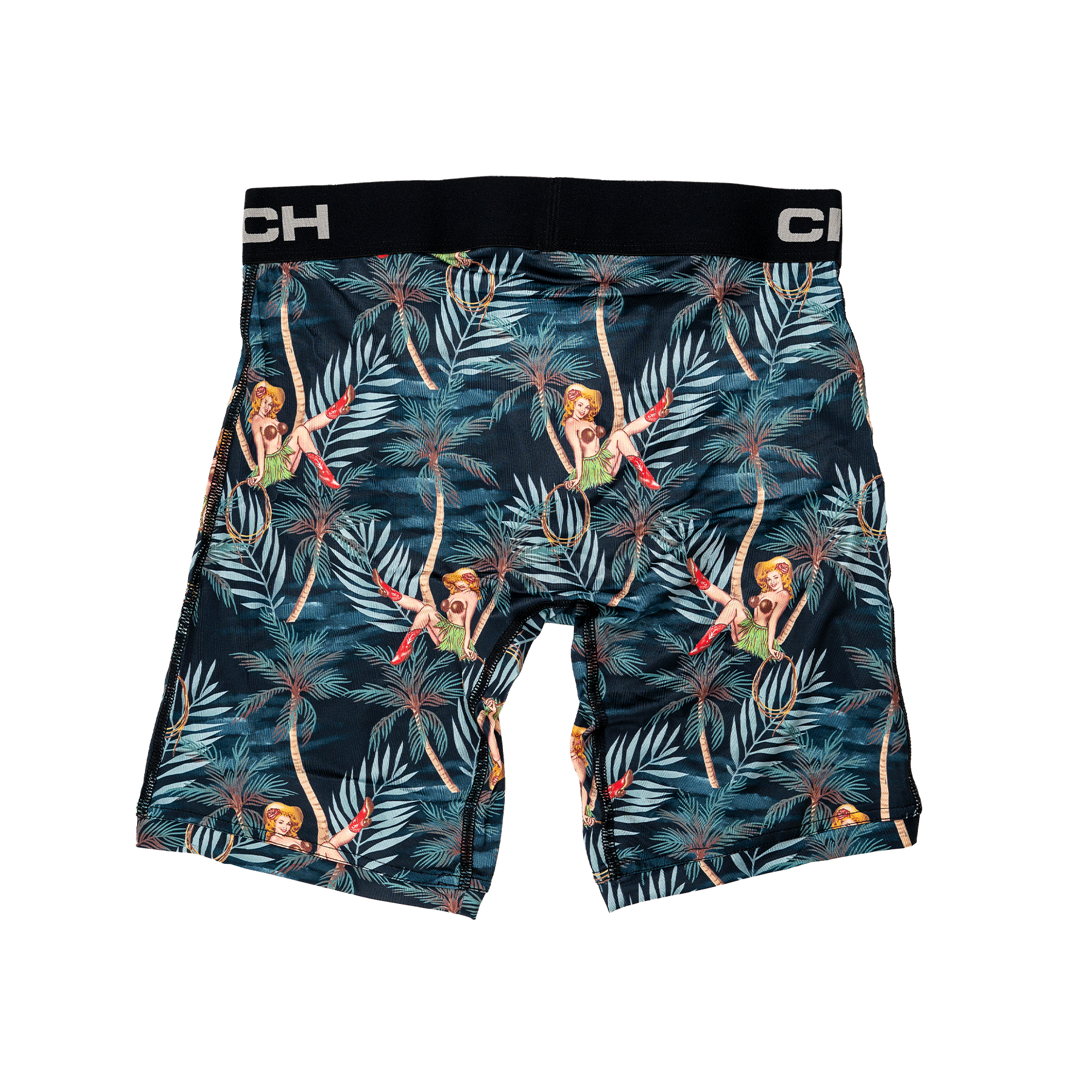 Back view of men's Cinch underwear with a black waistband, featuring an all-over tropical pattern with girls sitting by palm trees