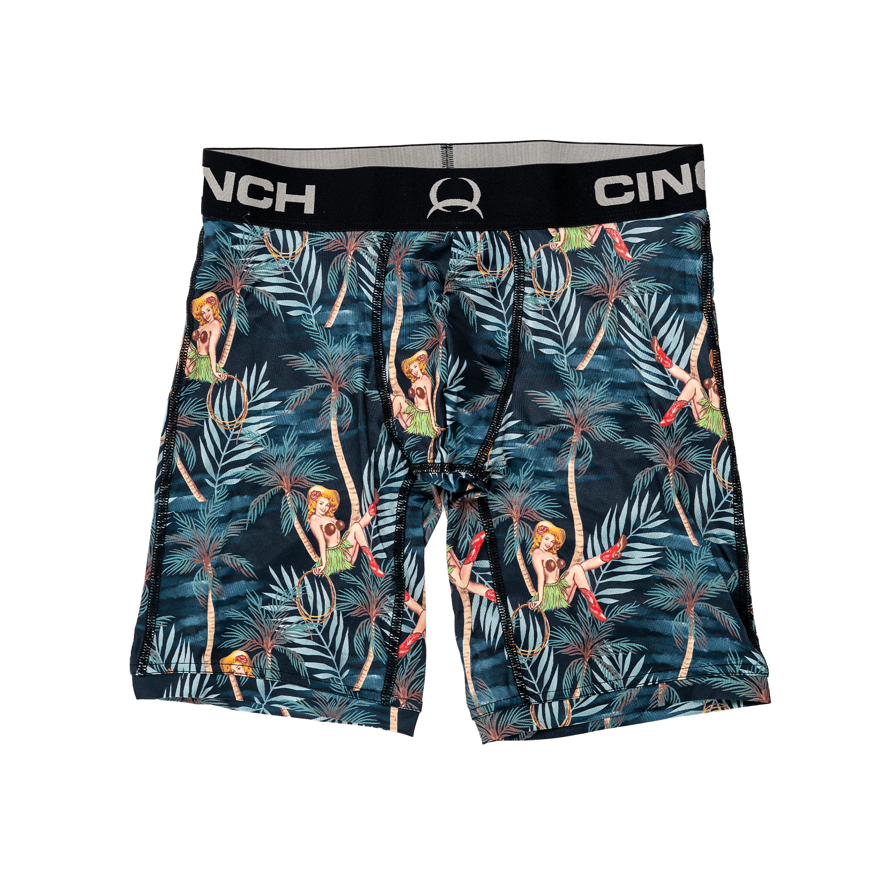 Front view of men's Cinch underwear with a black waistband, featuring an all-over tropical pattern with girls sitting by palm trees