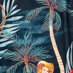 Close-up of men's Cinch underwear featuring an all-over tropical pattern with girls sitting by palm trees