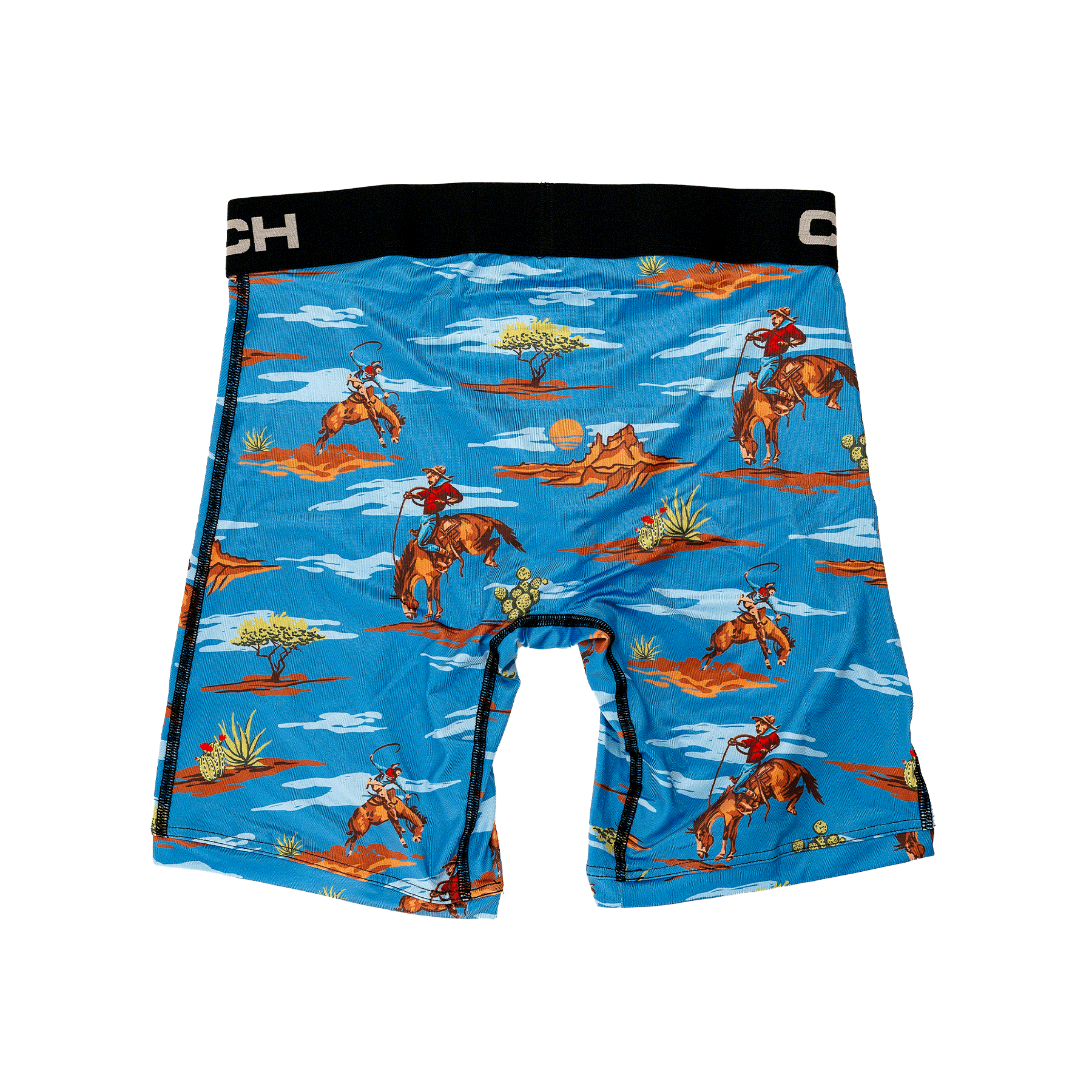 Back view of men's Cinch underwear with a black waistband, featuring an all-over 'bucking bronco in the desert' pattern