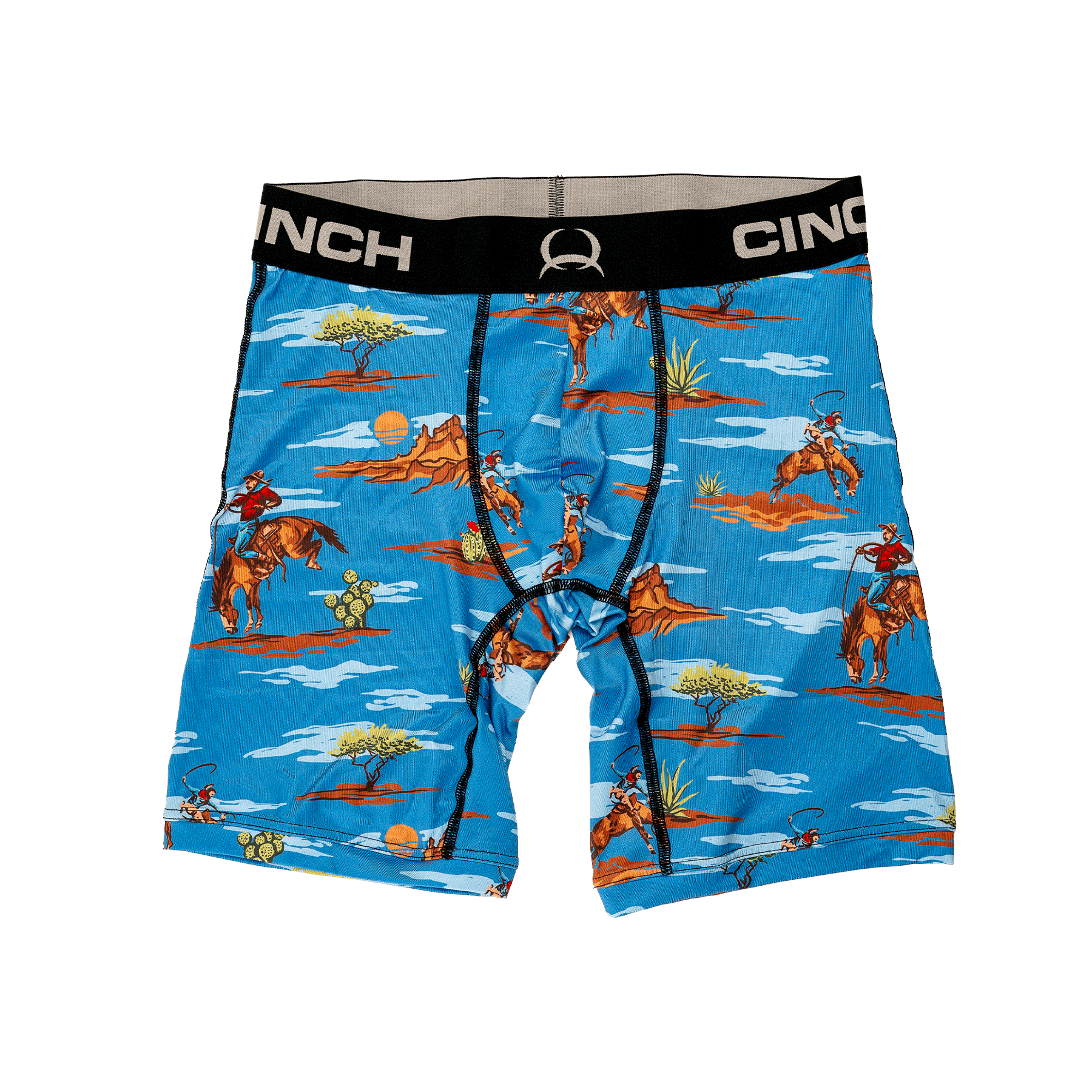 Front view of men's Cinch underwear with a black waistband, featuring an all-over 'bucking bronco in the desert' pattern