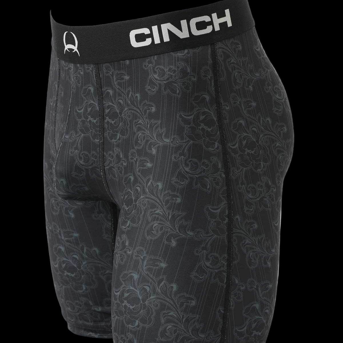 Cinch men’s 9-inch boxer briefs in black floral print with black Cinch waistband on mannequin