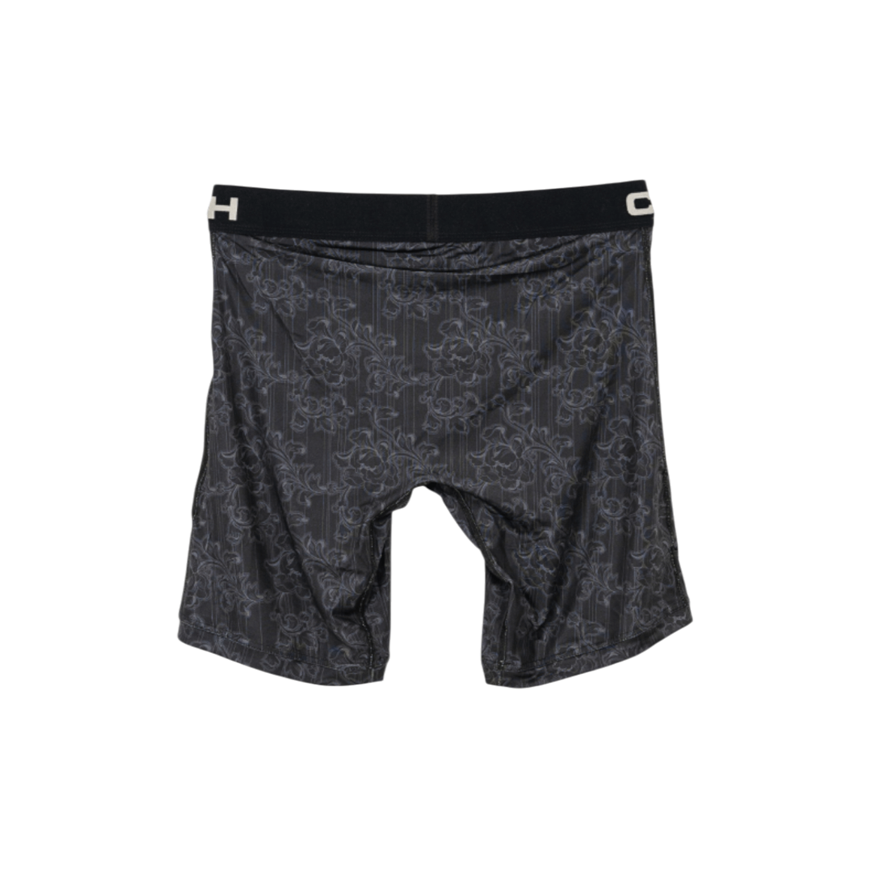 A pair of men’s boxer briefs with a black floral pattern and a black elastic waistband featuring the Cinch logo