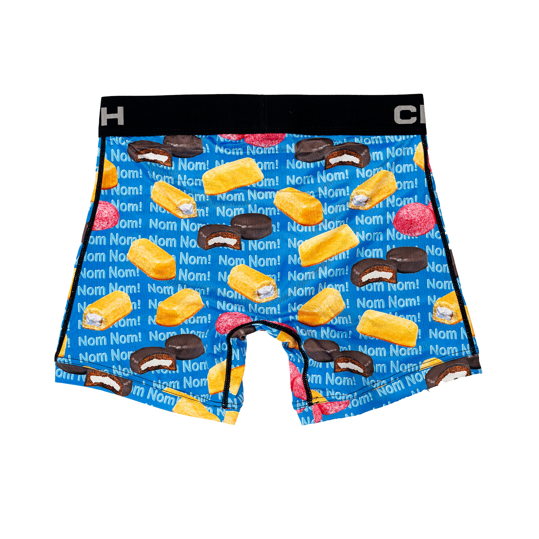 Back view of men's Cinch underwear with a black waistband, featuring an all-over 'sweet treat' pattern with the words "Nom Nom!" repeated in the background