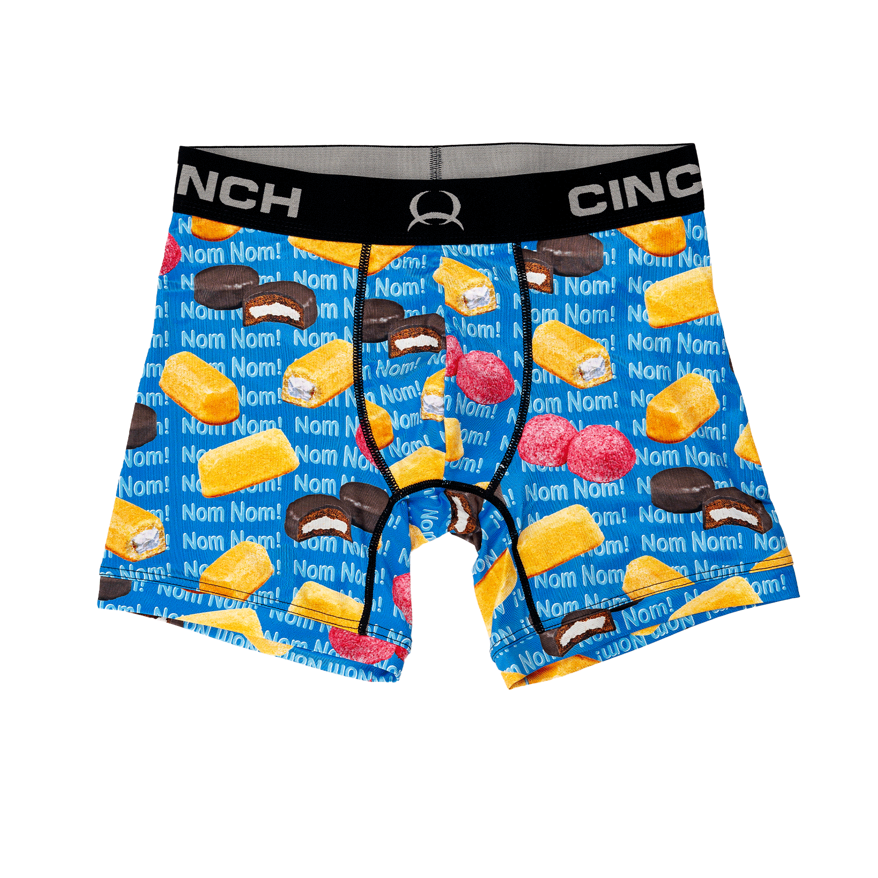 Front view of men's Cinch underwear with a black waistband, featuring an all-over 'sweet treat' pattern with the words "Nom Nom!" repeated in the background