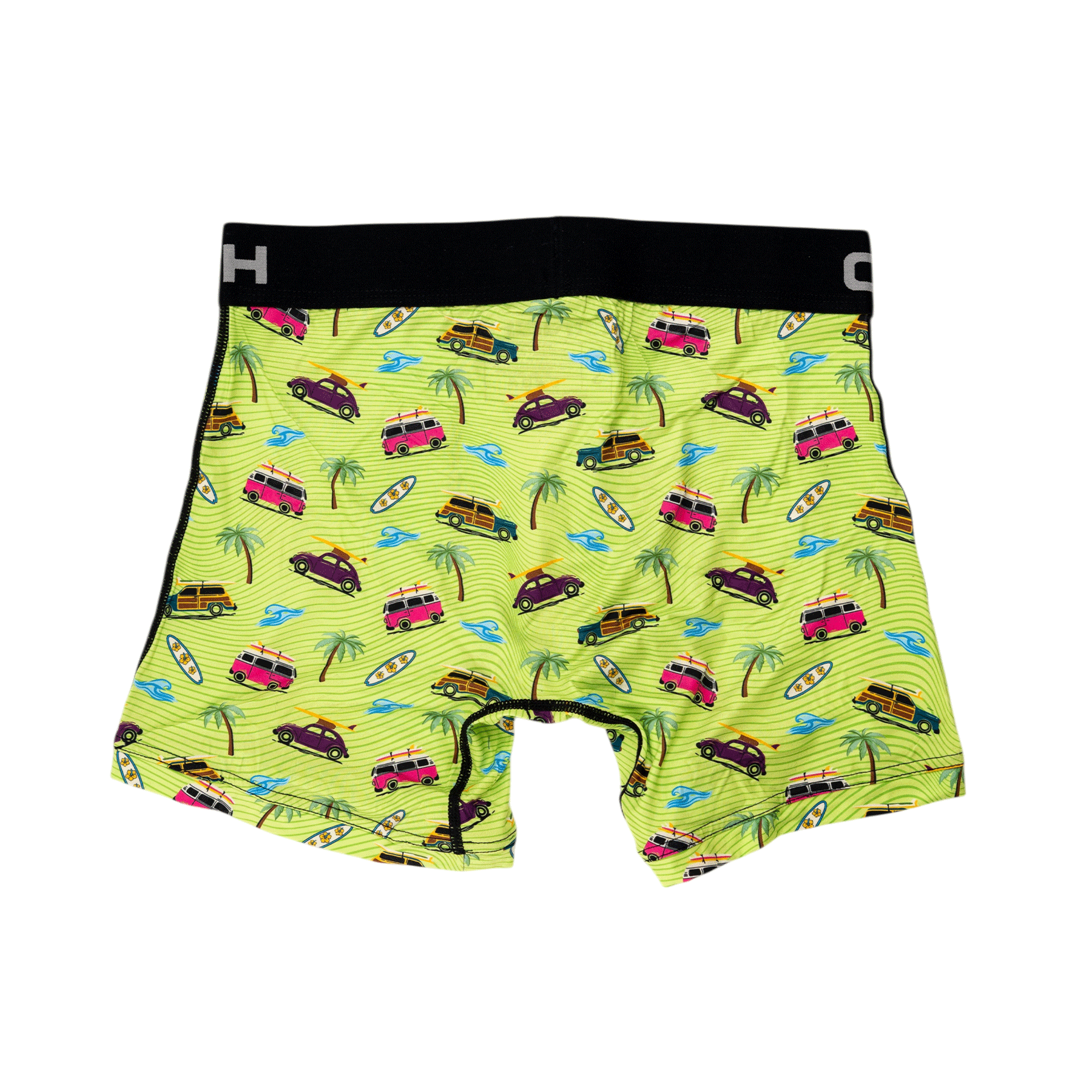 Back view of men's Cinch underwear with a black waistband, featuring an all-over 'cars with surfboards on them with palm trees and waves' pattern on a green background