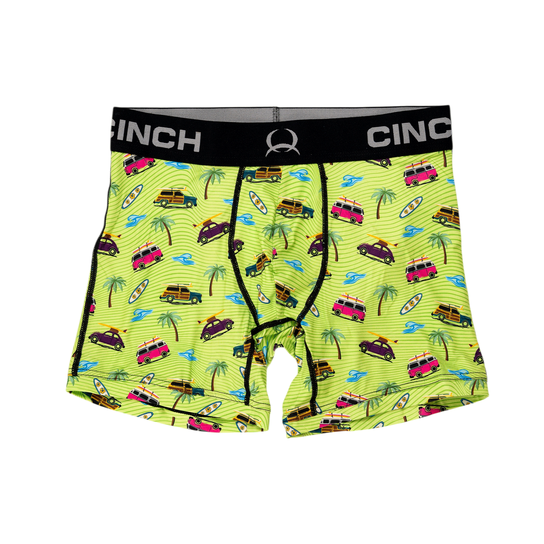Front view of men's Cinch underwear with a black waistband, featuring an all-over 'cars with surfboards on them with palm trees and waves' pattern on a green background