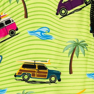 Close-up of men's Cinch underwear featuring an all-over 'cars with surfboards on them with palm trees and waves' pattern on a green background