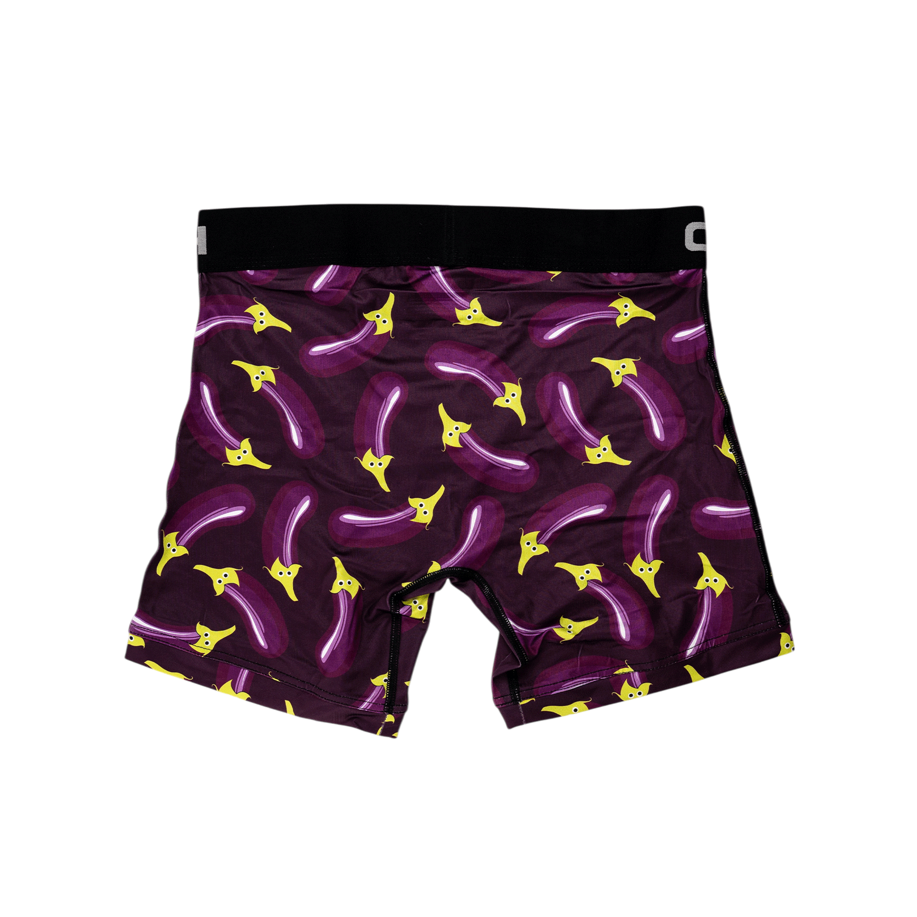 Back view of men's Cinch underwear with a black waistband, featuring an all-over 'eggplant' pattern on a purple background