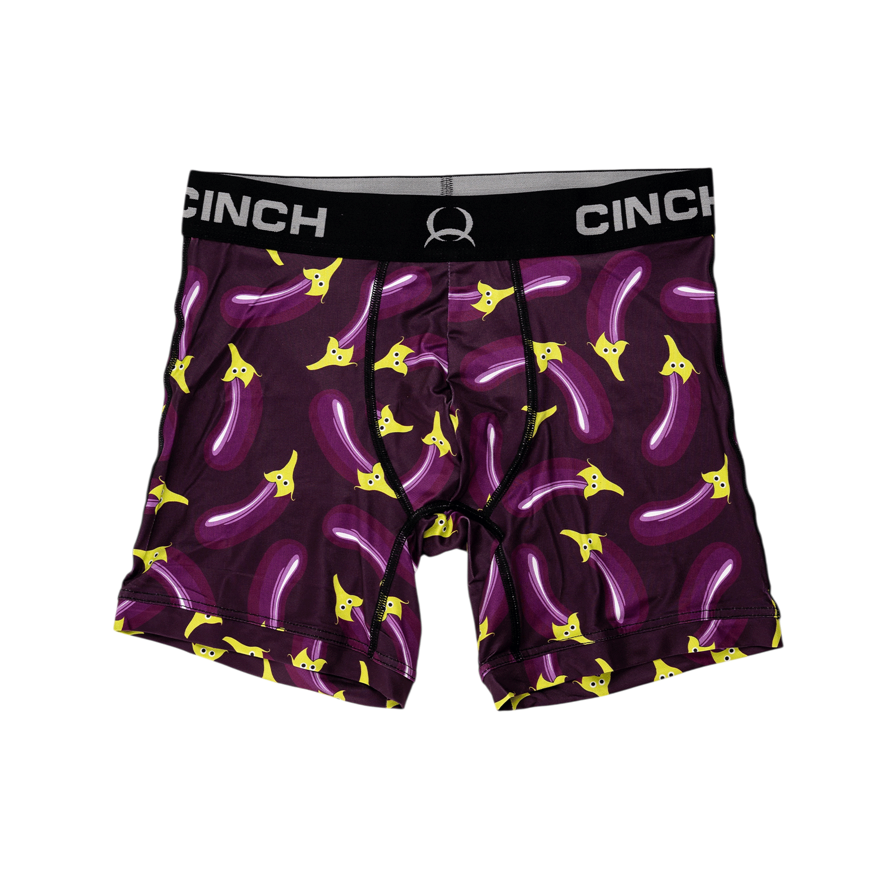 Front view of men's Cinch underwear with a black waistband, featuring an all-over 'eggplant' pattern on a purple background
