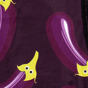 Close-up of men's Cinch underwear featuring an all-over 'eggplant' pattern on a purple background