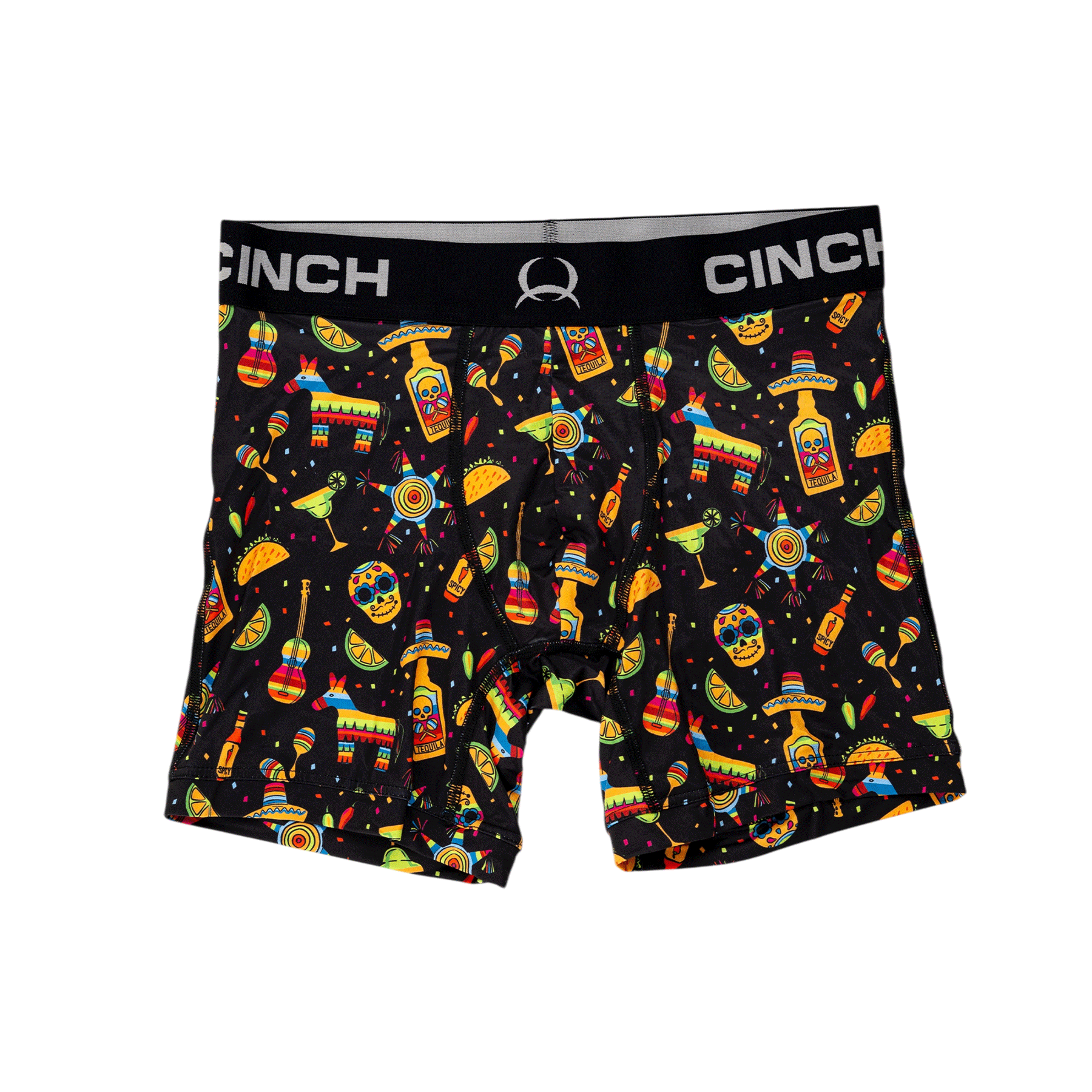 Front view of men's Cinch underwear with a black waistband, featuring an all-over 'fiesta' pattern on a black background