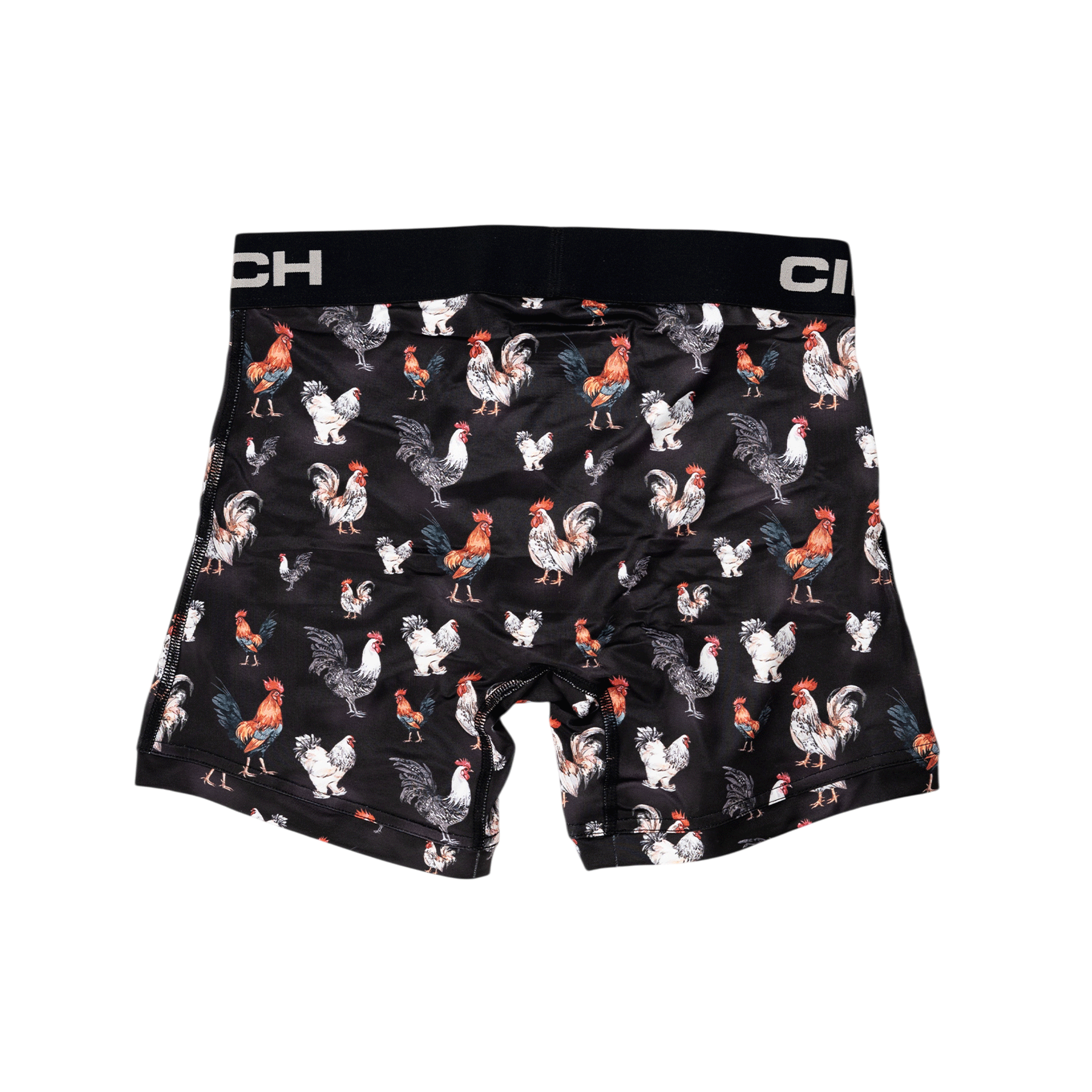 Back view of men's Cinch underwear with a black waistband, featuring an all-over 'rooster' pattern on a black background