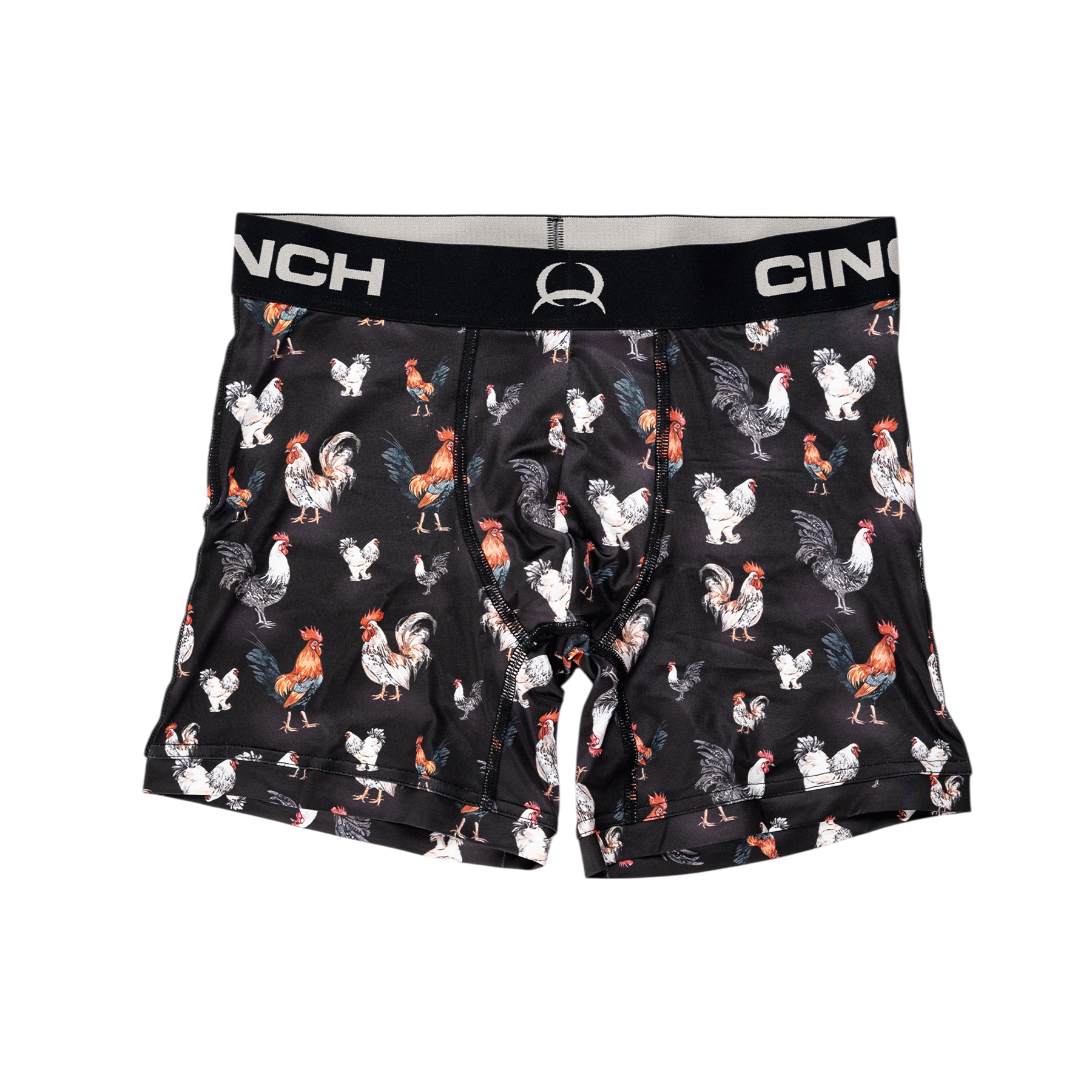 Front view of men's Cinch underwear with a black waistband, featuring an all-over 'rooster' pattern on a black background
