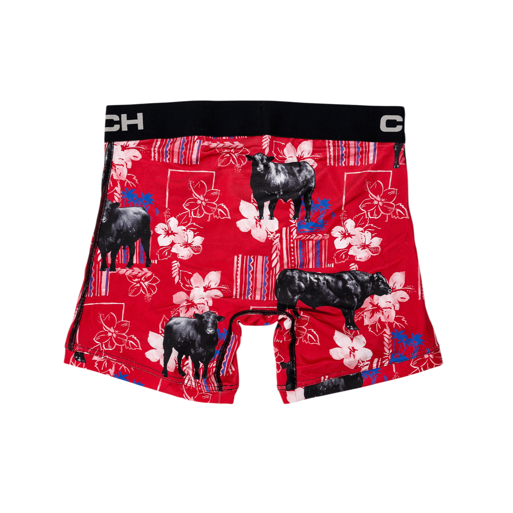 Back view of men's Cinch underwear with a black waistband, featuring an all-over 'cows and flowers' pattern on a red background
