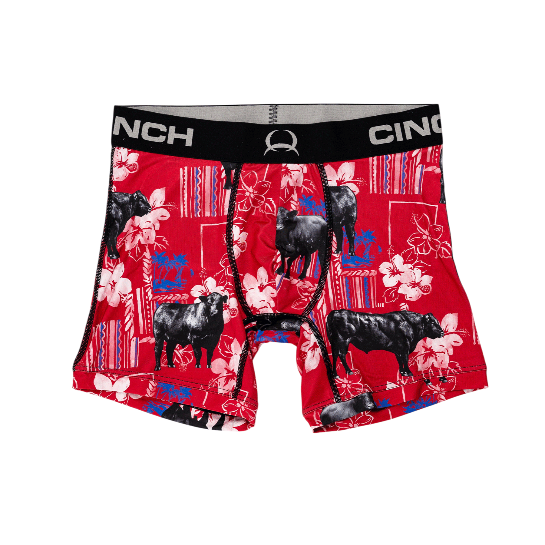 Front view of men's Cinch underwear with a black waistband, featuring an all-over 'cows and flowers' pattern on a red background