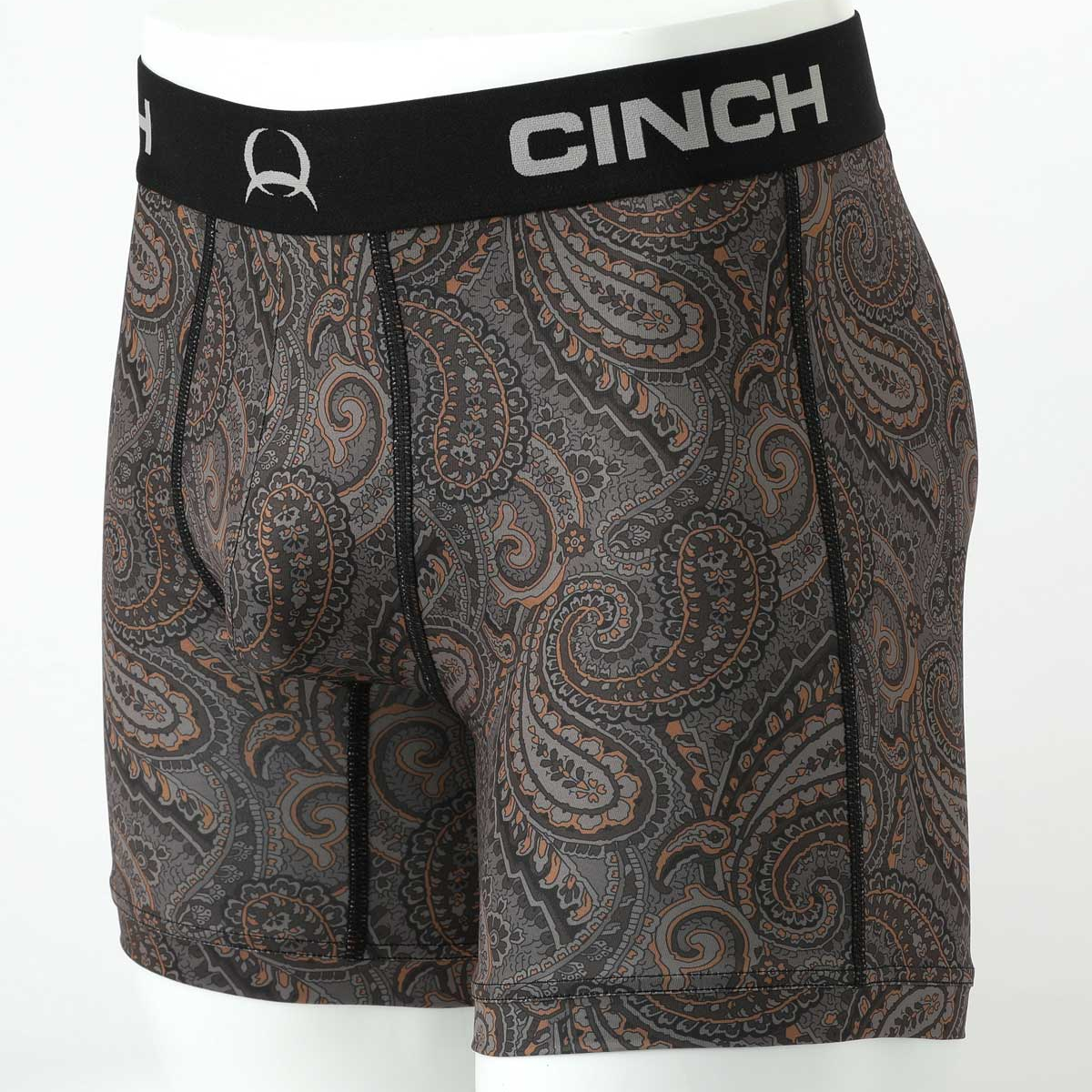 Side view of gray men's Cinch underwear with a black waistband and an all-over paisley pattern