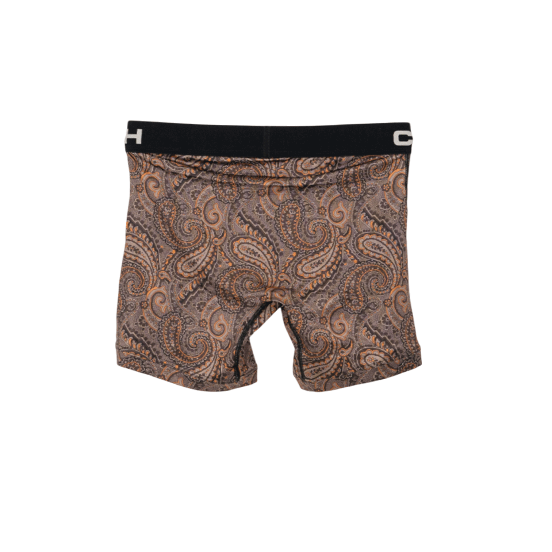 A pair of men’s boxer briefs with a brown paisley pattern and a black elastic waistband featuring the Cinch logo