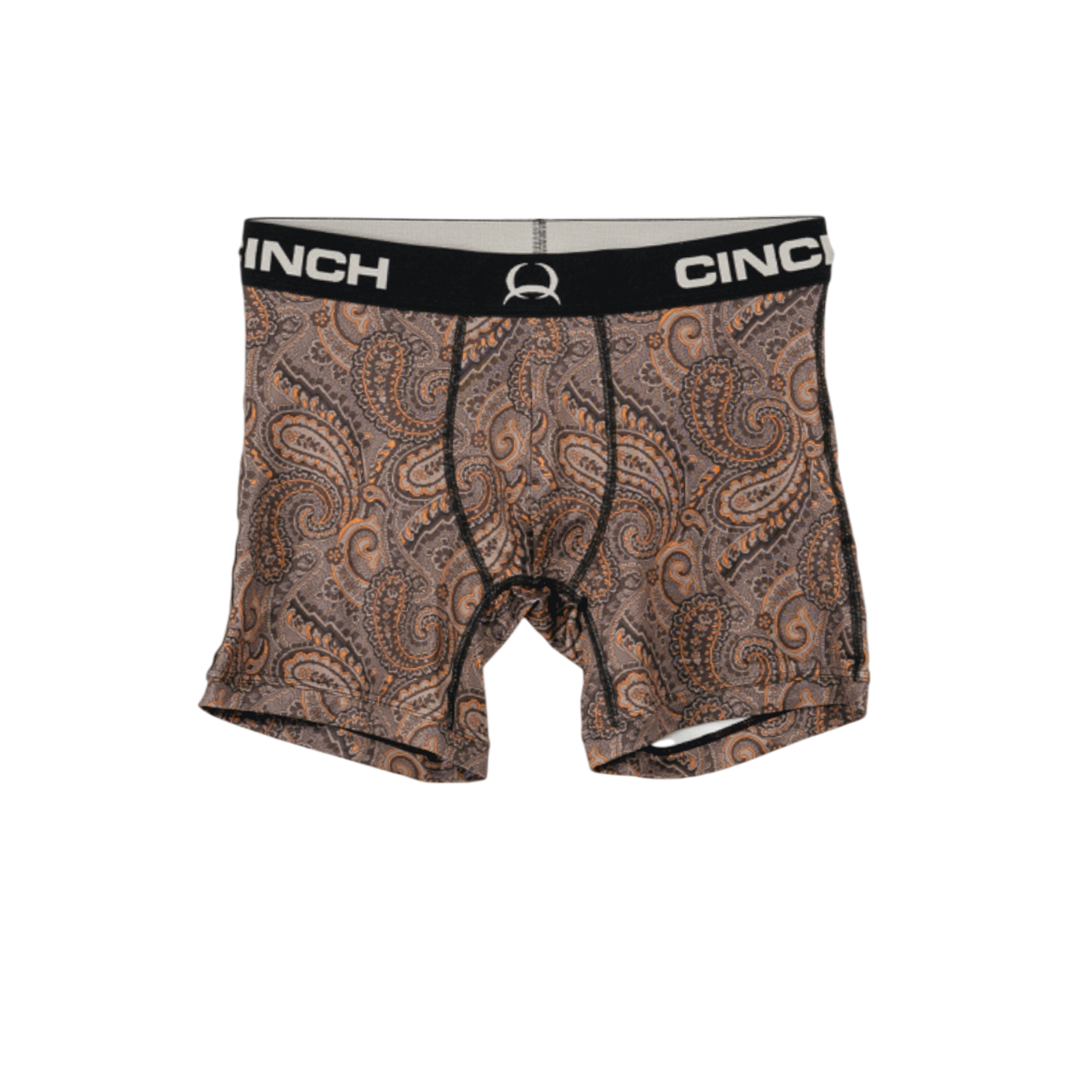 A pair of men’s boxer briefs with a brown paisley pattern and a black elastic waistband featuring the Cinch logo